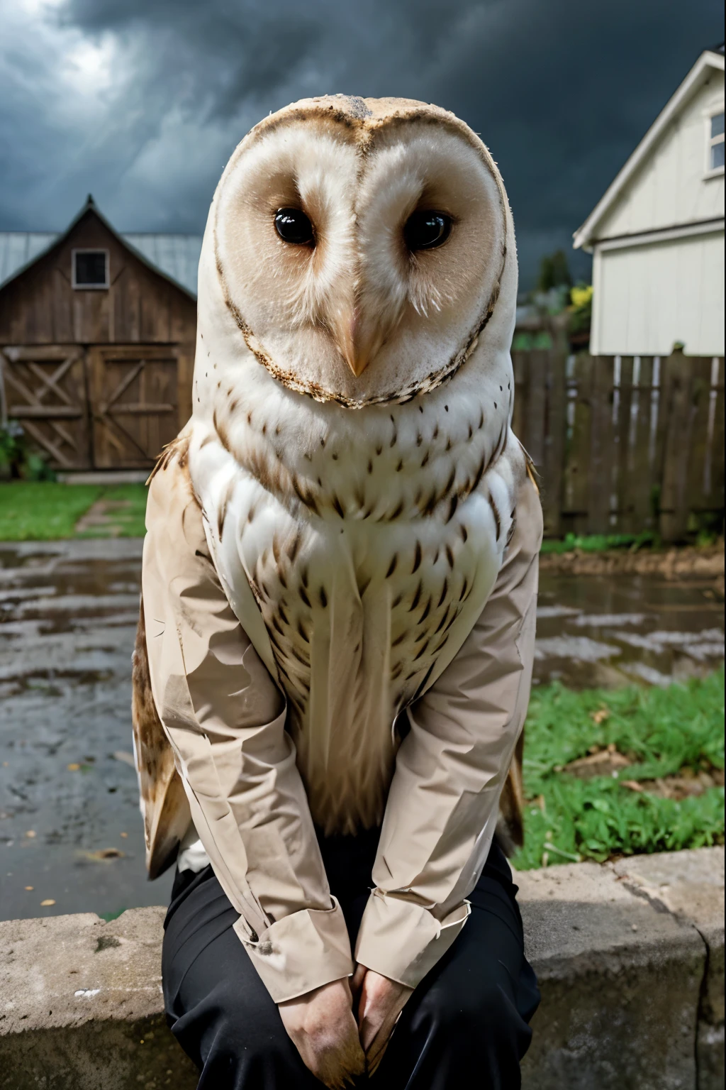 ((An anthropomorphic barn owl with realistic feathers)), female, barn owl face, wearing glasses, dressed in black shirt and black pants, sitting in a sidewalk outside a house, crying, with a stormy sky, rainy day, a lot of winds
(Mejor calidad, realista, ultra detallado), lechuza, sad expression, anthropomorphic barn owl.