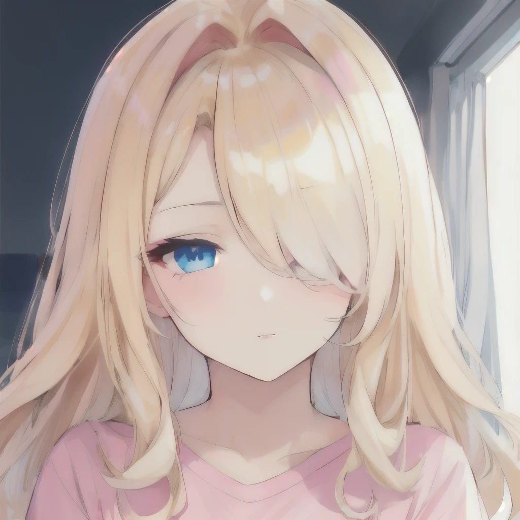 Girl, (hair over one eye), (big hair), blonde, face close-up, flat, ligh blue eyes, light pink shirt
