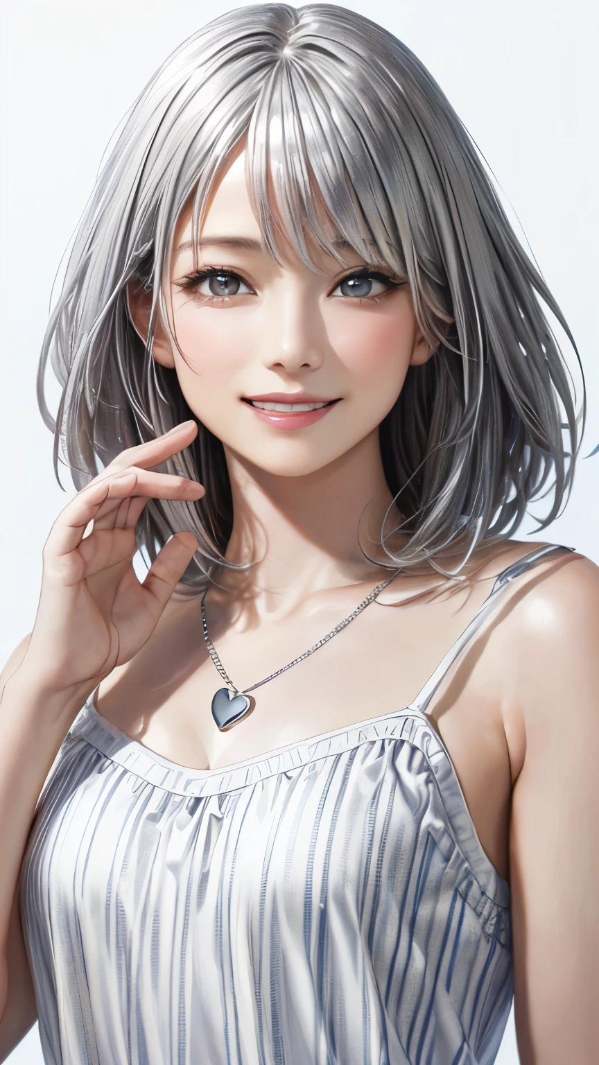 (highest quality、8K、32k、masterpiece)、(realistic)、(Photoreal:1.2)、(High resolution)、Super detailed、very beautiful face and eyes、1 girl、round and small face、thin waist、delicate body、(highest quality、high detail、Rich skin details)、(highest quality、8K、oil paint:1.2)、Super detailed、(realistic、realistic:1.37)、bright colors、(((silver hair)))、(((medium hair)))、(((full body shot)))、(((pure white wall background)))、(((pure white wall background)))、(((I&#39;m smiling)))、(((stripes々wearing a patterned camisole)))、(((He looks like he&#39;s having fun)))、(((wearing a heart necklace)))、(((touching my cheek)))、(((put your hand on your cheek)))、