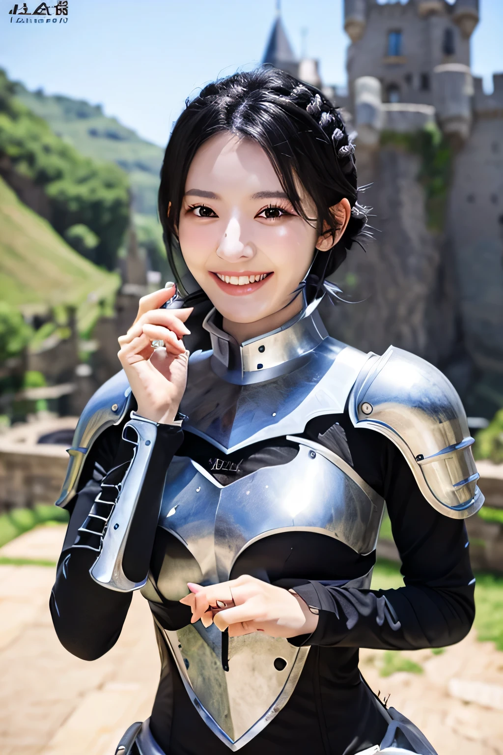 highest quality、4K、The background is a castle、slender body shape、female knight、black hair、smile、beautiful teeth、hairstyle shortcut、ear piercing、full body photo、Luxurious Silver Armor、