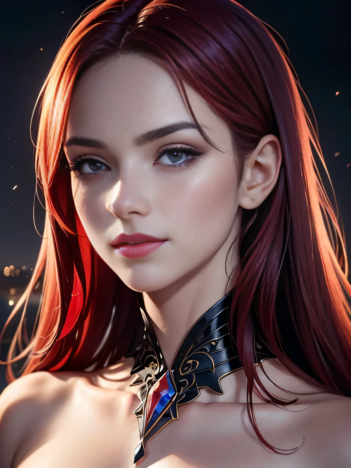 portrait shot, ((vivid red hair)), mature woman, 30 years old, diamond face, moonlight, red starry sky background, depth of field, magic, big red lips, ((dark black eyes)) black and red long and full dress, covered chest, mystical atmosphere, ominous shadows, Intense blue aura, Intense red aura (best quality:1.2), absurdres, intricate details, (highly detailed skin:1.2), smile expression, posing, taut and well defined body, attractive. Highly realistic, pale skin, beautiful, hyperrealism, skin very elaborated, direct gaze, (RAW, analogue, Nikon Z 14mm ultra-wide angle lens, award-winning glamour photograph, ((best quality)), ((masterpiece)), ((realistic)), skin pores, subsurface scattering, high-res, detailed facial features, high detail, sharp focus, smooth, aesthetic, extremely detailed, (extremely detailed eyes, extremely detailed iris), extremely detailed hair, extremely detailed skin, extremely detailed clothes, octane render, photorealistic, realistic, post-processing, max detail, realistic shadows, roughness, natural skin texture, real life, ultra-realistic, photorealism, photography, 8k UHD, photography, hdr, intricate, elegant, highly detailed, sharp focus, stunning, beautiful, gorgeous), realistic, masterpiece, highest quality, movie still, cloud girl, floating in the sky, (close-up:1.1), medium breast, bright, happy, fun, soft lighting, RAW photo, UHD, 32k, Natural light, cinematic lighting, masterpiece-anatomy-perfect, masterpiece:1.5
