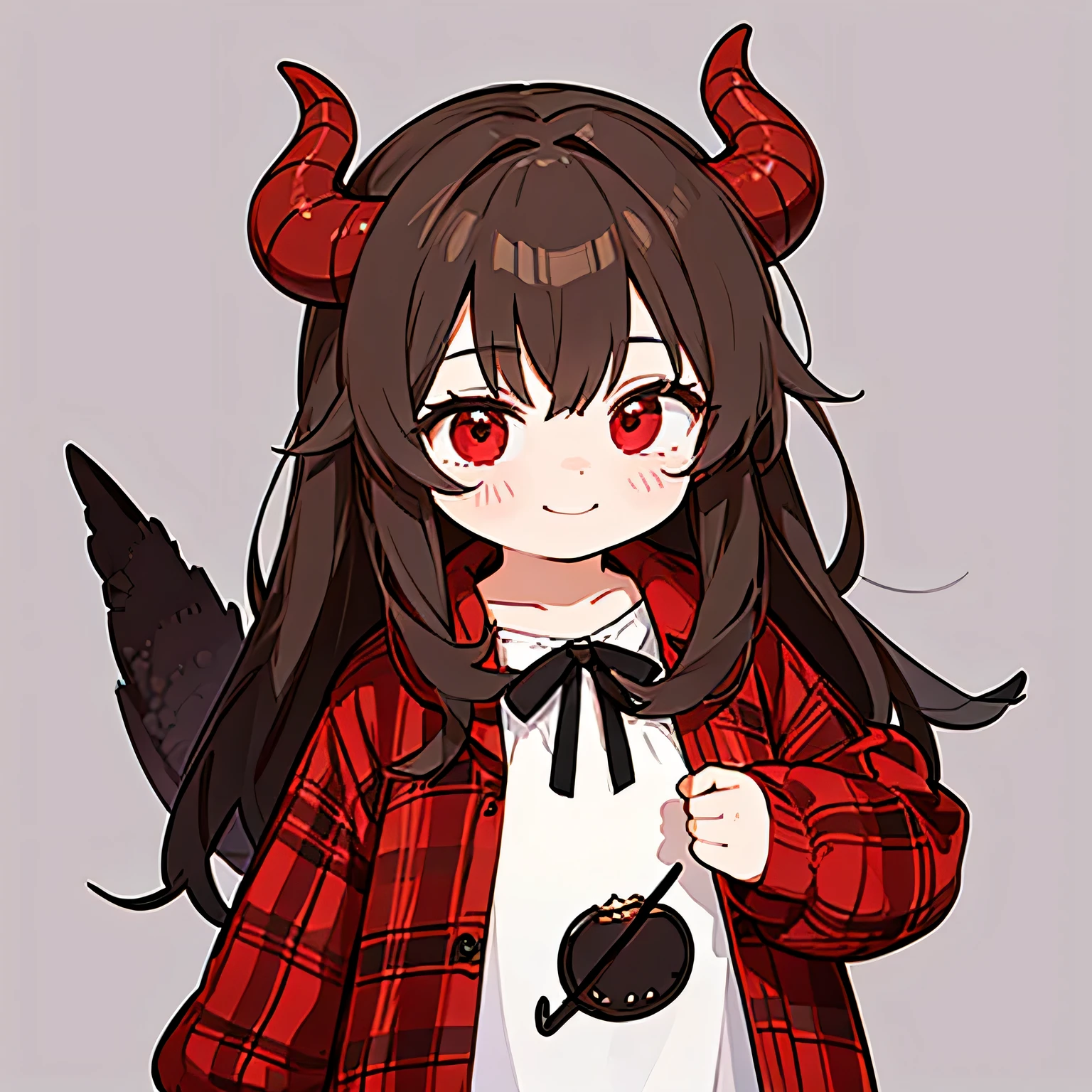 Brown hair, smile, pale red eyes, super small red horns on forehead, flannel jacket, small, scaly red dragon tail with brown fur tip