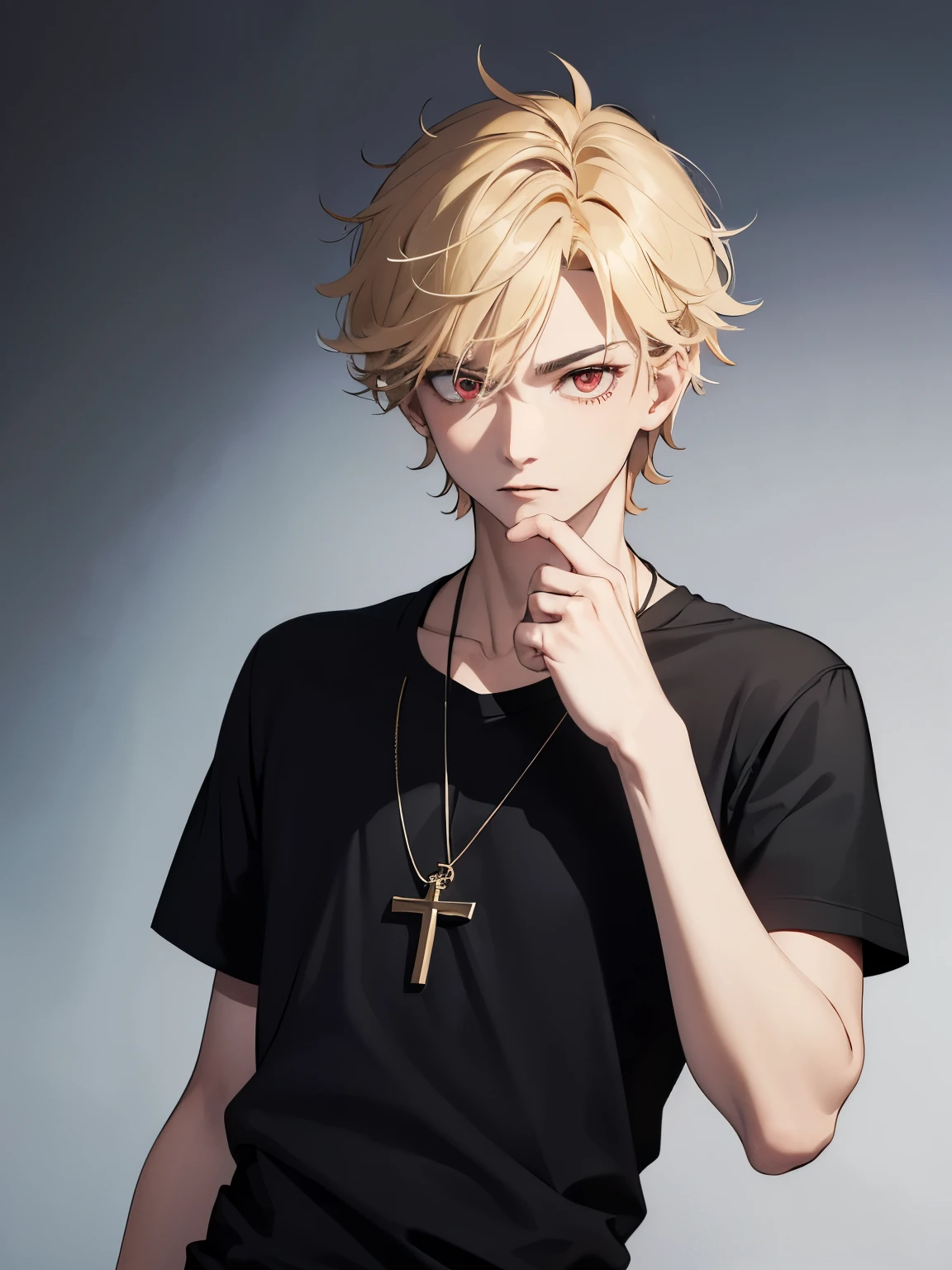 1boy,handsome,,Stand,half body photo,looking away,Panic expression,Perfect face, HD face, ultra detailed face, short hair, blonde hair, messy hair, bright red eyes, vampire, black t-shirt,black t-shirt, black trousers, cross necklace,ultra detailed, ultra HD