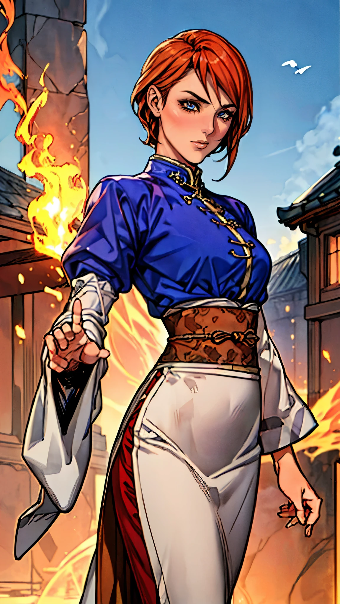 ((A woman with tousled vibrant red short hair, side-swept bangs, sharply arched eyebrows, sharp upward-arched thick eyebrows, sharp gaze, slender elongated face, a slim figure, a fantasy martial arts-style loose solid-color Daoist robe, wide billowing sleeves, a voluminous long skirt, orange as the main color, complemented by blue accents, a small bird formed of flames flies beside her, the scene is set in a fantasy-style Chinese lakeside courtyard)), this character embodies a finely crafted a fantasy martial arts practitioner in anime style, exquisite and mature manga art style, feminine, high definition, best quality, highres, ultra-detailed, ultra-fine painting, extremely delicate, professional, perfect body proportions, golden ratio, anatomically correct, symmetrical face, extremely detailed eyes and face, high quality eyes, creativity, RAW photo, UHD, 32k, Natural light, cinematic lighting, masterpiece-anatomy-perfect, masterpiece:1.5