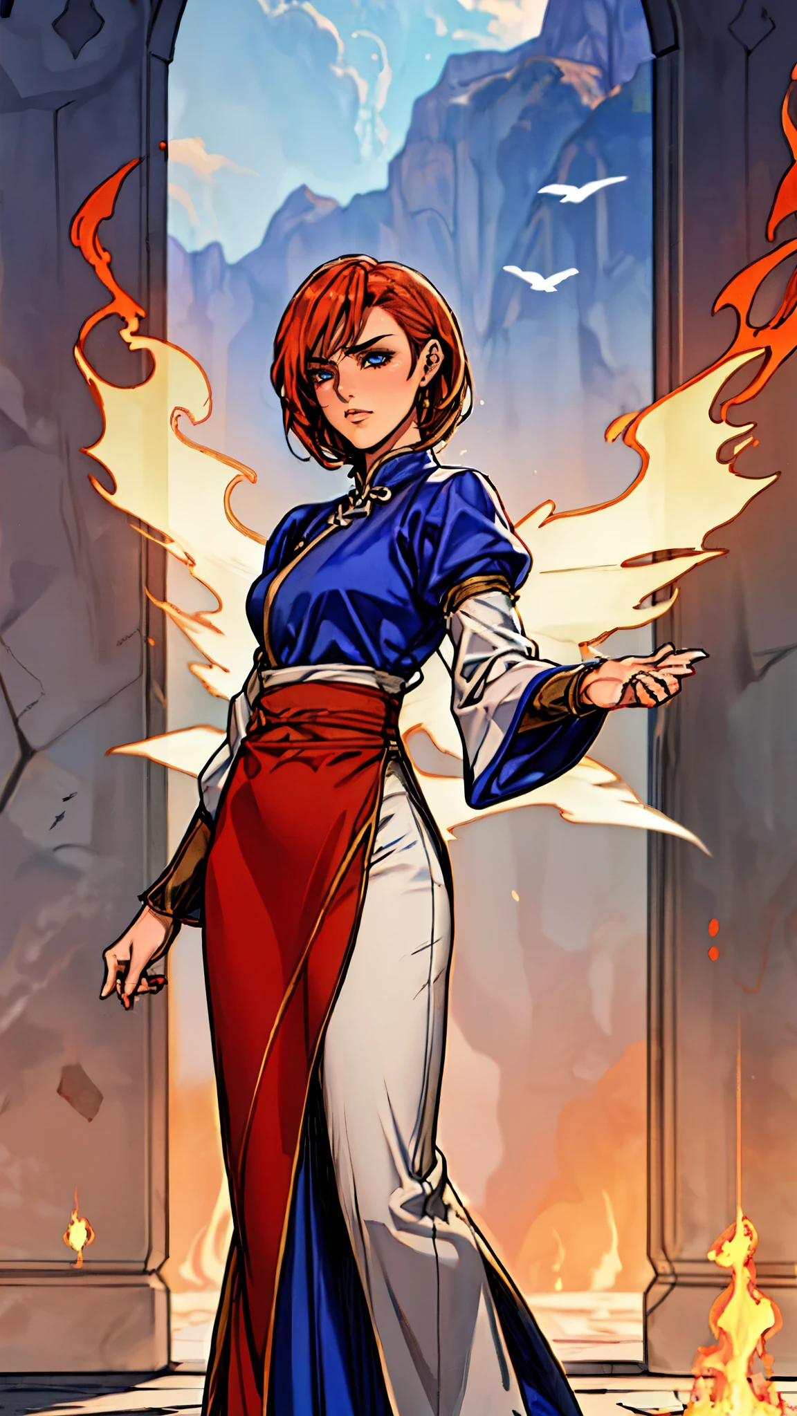 ((A woman with tousled vibrant red short hair, side-swept bangs, sharply arched eyebrows, sharp upward-arched thick eyebrows, sharp gaze, slender elongated face, a slim figure, a fantasy martial arts-style loose solid-color Daoist robe, wide billowing sleeves, a voluminous long skirt, orange as the main color, complemented by blue accents, a small bird formed of flames flies beside her, the scene is set in a fantasy-style Chinese lakeside courtyard)), this character embodies a finely crafted a fantasy martial arts practitioner in anime style, exquisite and mature manga art style, feminine, high definition, best quality, highres, ultra-detailed, ultra-fine painting, extremely delicate, professional, perfect body proportions, golden ratio, anatomically correct, symmetrical face, extremely detailed eyes and face, high quality eyes, creativity, RAW photo, UHD, 32k, Natural light, cinematic lighting, masterpiece-anatomy-perfect, masterpiece:1.5