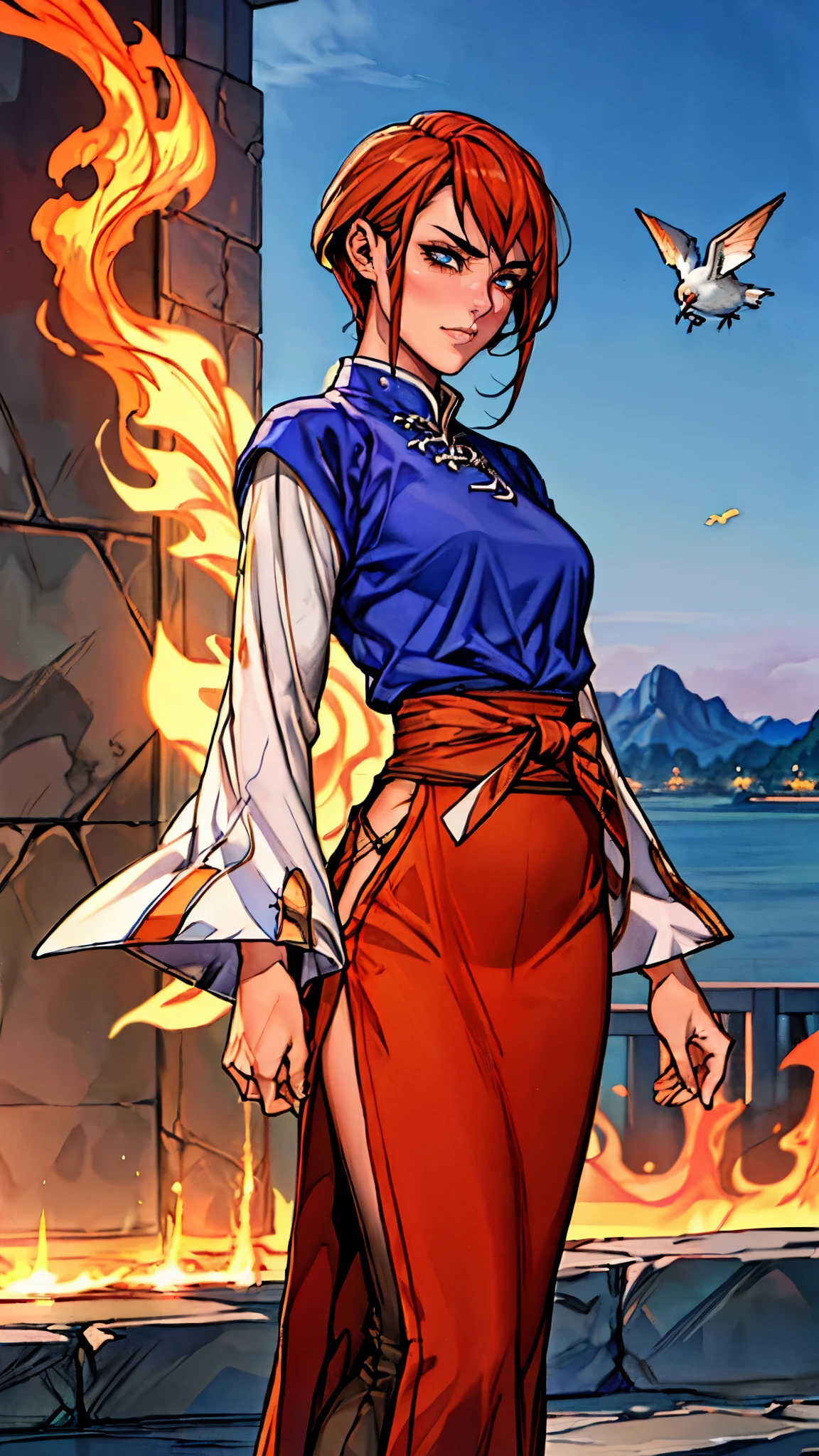 ((A woman with tousled vibrant red short hair, side-swept bangs, sharply arched eyebrows, sharp upward-arched thick eyebrows, sharp gaze, slender elongated face, a slim figure, a fantasy martial arts-style loose solid-color Daoist robe, wide billowing sleeves, a voluminous long skirt, orange as the main color, complemented by blue accents, a small bird formed of flames flies beside her, the scene is set in a fantasy-style Chinese lakeside courtyard)), this character embodies a finely crafted a fantasy martial arts practitioner in anime style, exquisite and mature manga art style, feminine, high definition, best quality, highres, ultra-detailed, ultra-fine painting, extremely delicate, professional, perfect body proportions, golden ratio, anatomically correct, symmetrical face, extremely detailed eyes and face, high quality eyes, creativity, RAW photo, UHD, 32k, Natural light, cinematic lighting, masterpiece-anatomy-perfect, masterpiece:1.5