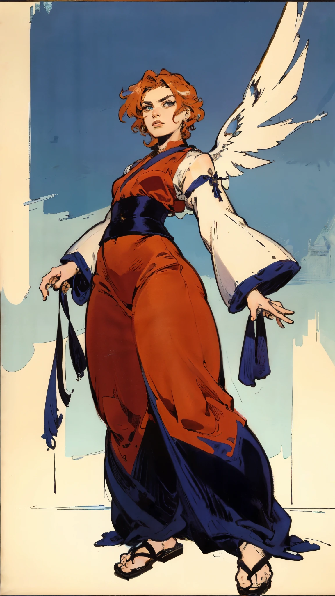 ((A woman with tousled vibrant red short hair, side-swept bangs, sharply arched eyebrows, sharp upward-arched thick eyebrows, sharp gaze, slender elongated face, a slim figure, a fantasy martial arts-style loose solid-color Daoist robe, wide billowing sleeves, a voluminous long skirt, orange as the main color, complemented by blue accents, a small bird formed of flames flies beside her, the scene is set in a fantasy-style Chinese lakeside courtyard)), this character embodies a finely crafted a fantasy martial arts practitioner in anime style, exquisite and mature manga art style, feminine, high definition, best quality, highres, ultra-detailed, ultra-fine painting, extremely delicate, professional, perfect body proportions, golden ratio, anatomically correct, symmetrical face, extremely detailed eyes and face, high quality eyes, creativity, RAW photo, UHD, 32k, Natural light, cinematic lighting, masterpiece-anatomy-perfect, masterpiece:1.5