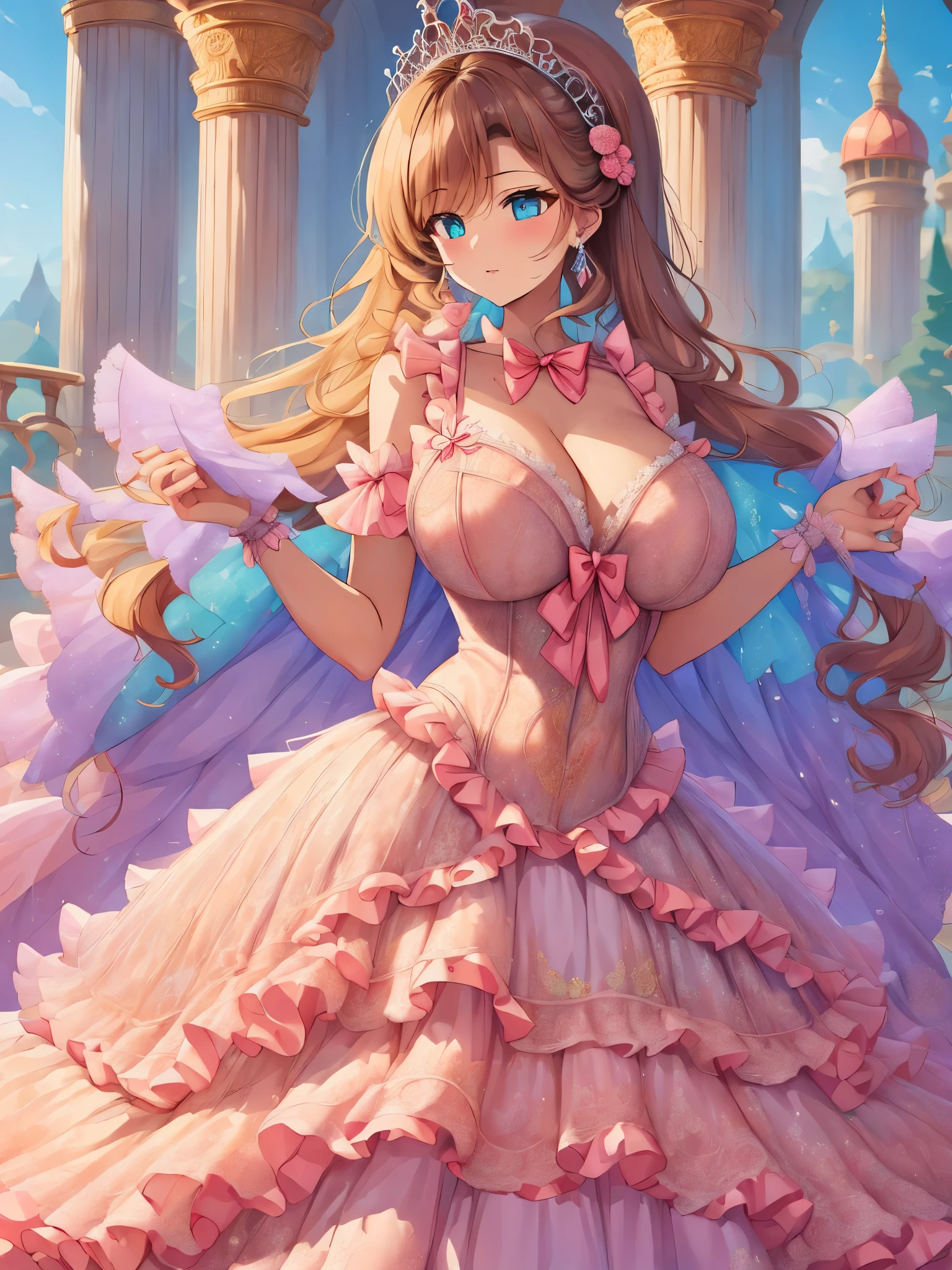 (shoujo-style:1.2),((anime artstyle)),(Masterpiece),(Best Quality), (Super Detail),(((Very Delicate and Beautiful))),Solo,full body,((full body portrait)),((1 bling-bling gorgeous princess in beautiful embroidery and bling-bling jeweled gorgeous rococo ballgown)),((((absurdly gigantic tits)))),(((cleavage,curvy))),Skindentation,detailed face and eyes,jewel-like eyes,((castle,outdoor)),((crinoline,long train)),gorgeous princess rococo ballgown with voluminous full length hoop skirt and long train,(((bling-bling gorgeous rococo ballgown with beautiful embroidery and bling-bling jeweled))),((large amount of straight hair, absurdly long hair,Very Long Straight Hair)),extremely gorgeousfull hair ornament,(bling-bling extremely gorgeousfull jeweled tiara),luxurious jewelry,full body,((bling-bling beautiful embroidery and bling-bling jeweled gorgeous rococo ballgown))