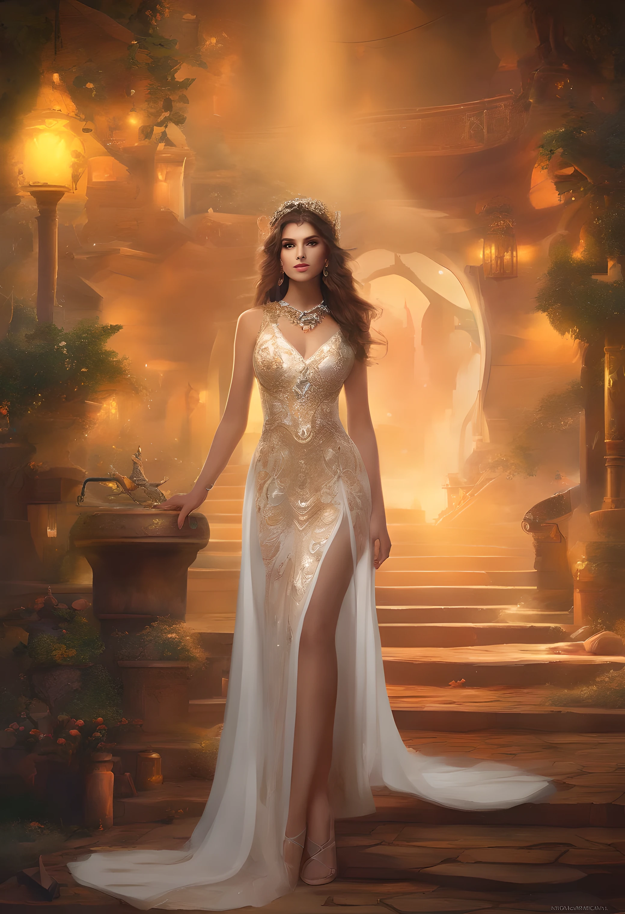Full body scene; Hyperrealistic scene; cinematographic; Arafed woman with messy dark hair, in her backyard, with strong cleavage, Latina; elegant with pearl necklace and yellow cropped top with medium straps and M neckline; wearing a short orange skirt that extends from the back to the calf and white sneakers; This captivating photograph exudes an air of mystery and sophistication. The visual details are rich and intricate, highlighting the intricate details of the costumes and atmospheric setting. Each element is meticulously crafted, futuristic elegance. Soft, warm lighting creates a dramatic atmosphere, highlighting the unique details in women's clothing. long exposure, extravagant lighting, enchanted ambience, soft textures, imaginative artwork, silent luminescence, silent whisper, vibrant background, iridescent encounter, full body, high quality, high detail, high resolution, backlight.

