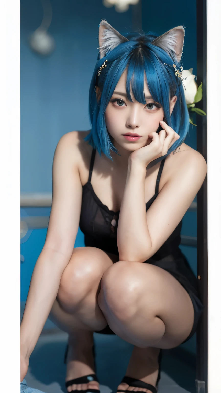 (nsfw:1.2), (8k, RAW photo, best quality, masterpiece: 1.4), ultra high definition, (realistic, photorealistic: 1.48), 20 yrs old, cute girl, (see-through white micro bikini:1.48), Japanese famous actor, (blue hair:1.4), short hair, (hair over one eye:1.3), blue eyes, head tilt, cowboy shot, from the side, looking at viewer, expressionless,  beautiful lake, Zeiss 150mm f/ 2.8 Hasselblad, whole body, foot, super wide angle