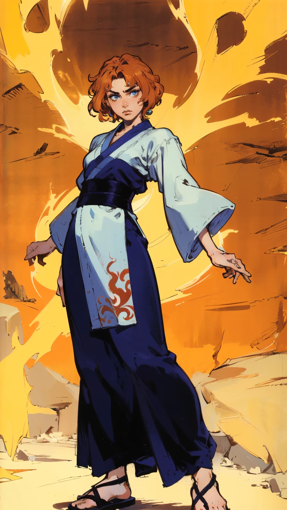 ((A woman with tousled vibrant red short hair, side-swept bangs, sharply arched eyebrows, sharp upward-arched thick eyebrows, sharp gaze, slender elongated face, a slim figure, a fantasy martial arts-style loose solid-color Daoist robe, wide billowing sleeves, a voluminous long skirt, orange as the main color, complemented by blue accents, a small bird formed of flames flies beside her, the scene is set in a fantasy-style Chinese lakeside courtyard)), this character embodies a finely crafted a fantasy martial arts practitioner in anime style, exquisite and mature manga art style, feminine, high definition, best quality, highres, ultra-detailed, ultra-fine painting, extremely delicate, professional, perfect body proportions, golden ratio, anatomically correct, symmetrical face, extremely detailed eyes and face, high quality eyes, creativity, RAW photo, UHD, 32k, Natural light, cinematic lighting, masterpiece-anatomy-perfect, masterpiece:1.5