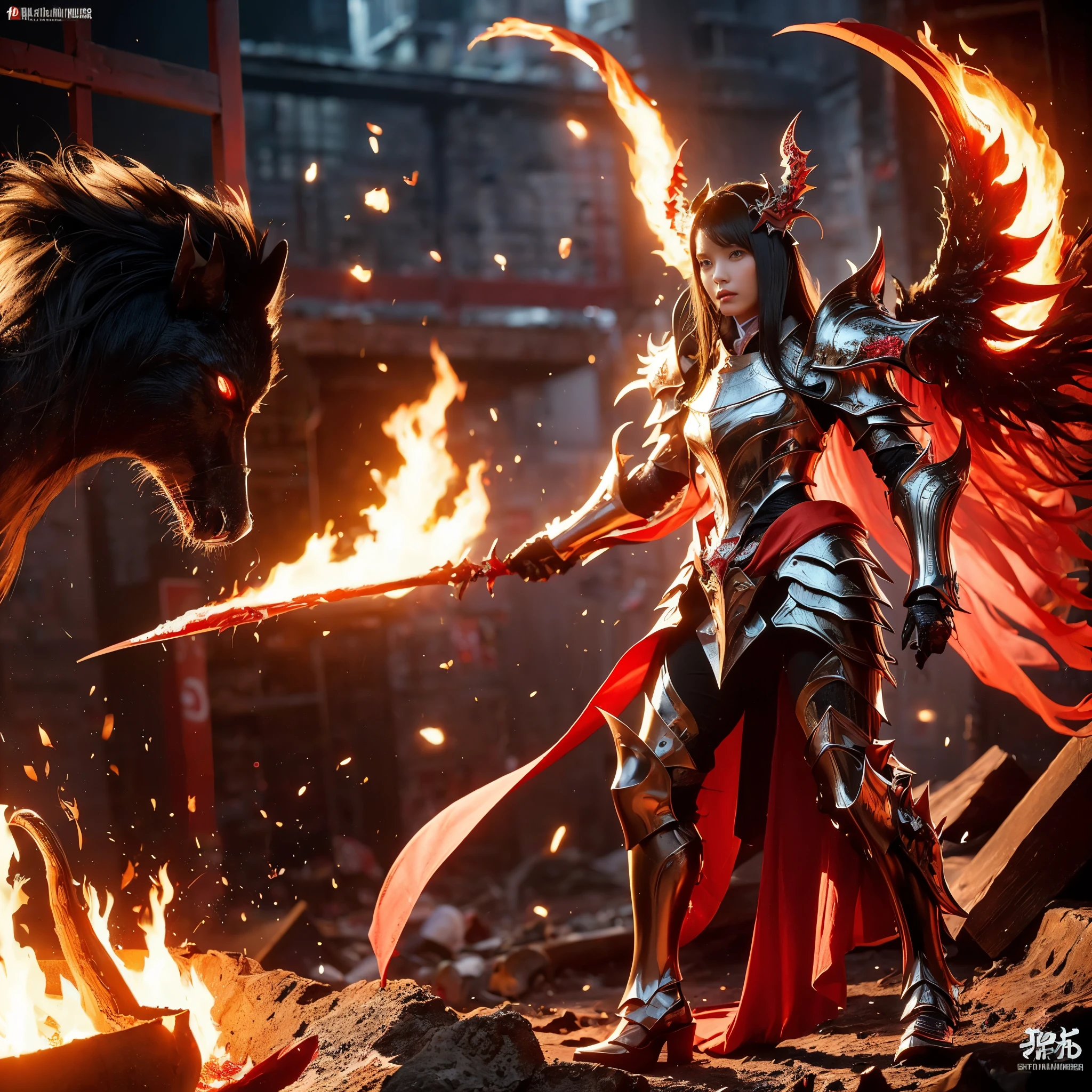 (((Realistic, masterpiece, best quality, crisp detail, high definition, high detail, very rich detail, sharp focus, sharp detail, colorful, rich color, perfect studio lightning))), ((20 years old, goddess of fire, kasumi arimura, flying, floating)),(((in the middle of war, epic war scene))), wearing (((beautiful decorated golden heavy armor, phoenix armor, phoenix tails, decorated full body armor, fully armored beautiful kimono, wide golden phoenix wings))), (flying, floating, attack stance, burning hands, holding fantasy weapon, blood scattered face, blood tears, blood bath, blood shed), (((fire everywhere, blood everywhere, death everywhere, japan bakumatsu period, dead bodies,carcass,burned japanese castle,hellish,chaos, hell fire, inferno, molten lava)) traditional village background), shot from below
