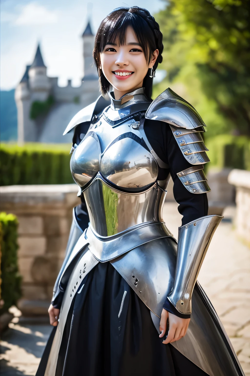 highest quality、４Ｋ、The background is a castle、slender body shape、female knight、black hair、smile、beautiful teeth、hairstyle shortcut、ear piercing、full body photo、Luxurious Silver Armor、