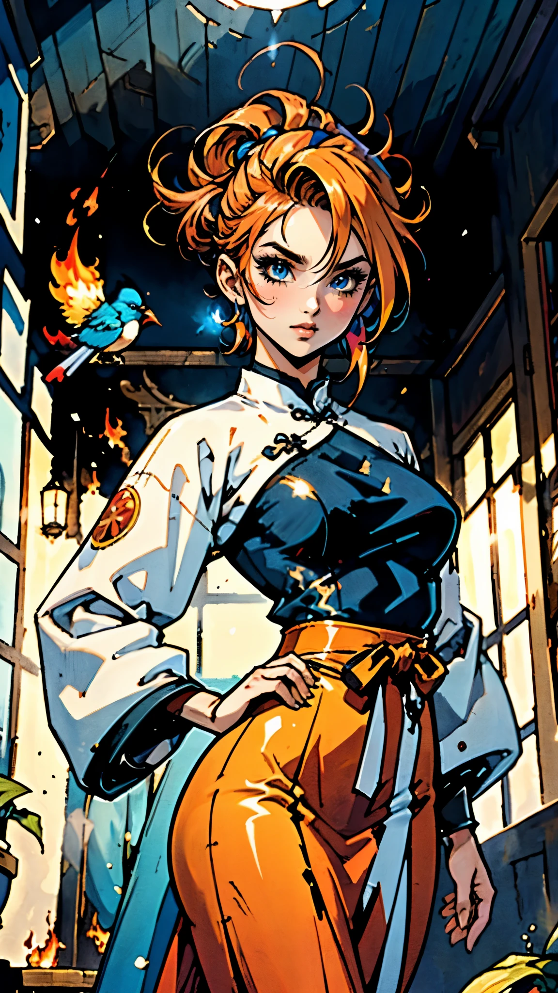 ((A woman with tousled vibrant red short hair, side-swept bangs, sharply arched eyebrows, sharp upward-arched thick eyebrows, sharp gaze, slender elongated face, a slim figure, a fantasy martial arts-style loose solid-color Daoist robe, wide billowing sleeves, a voluminous long skirt, orange as the main color, complemented by blue accents, a small bird formed of flames flies beside her, the scene is set in a fantasy-style Chinese lakeside courtyard)), this character embodies a finely crafted a fantasy martial arts practitioner in anime style, exquisite and mature manga art style, feminine, high definition, best quality, highres, ultra-detailed, ultra-fine painting, extremely delicate, professional, perfect body proportions, golden ratio, anatomically correct, symmetrical face, extremely detailed eyes and face, high quality eyes, creativity, RAW photo, UHD, 32k, Natural light, cinematic lighting, masterpiece-anatomy-perfect, masterpiece:1.5