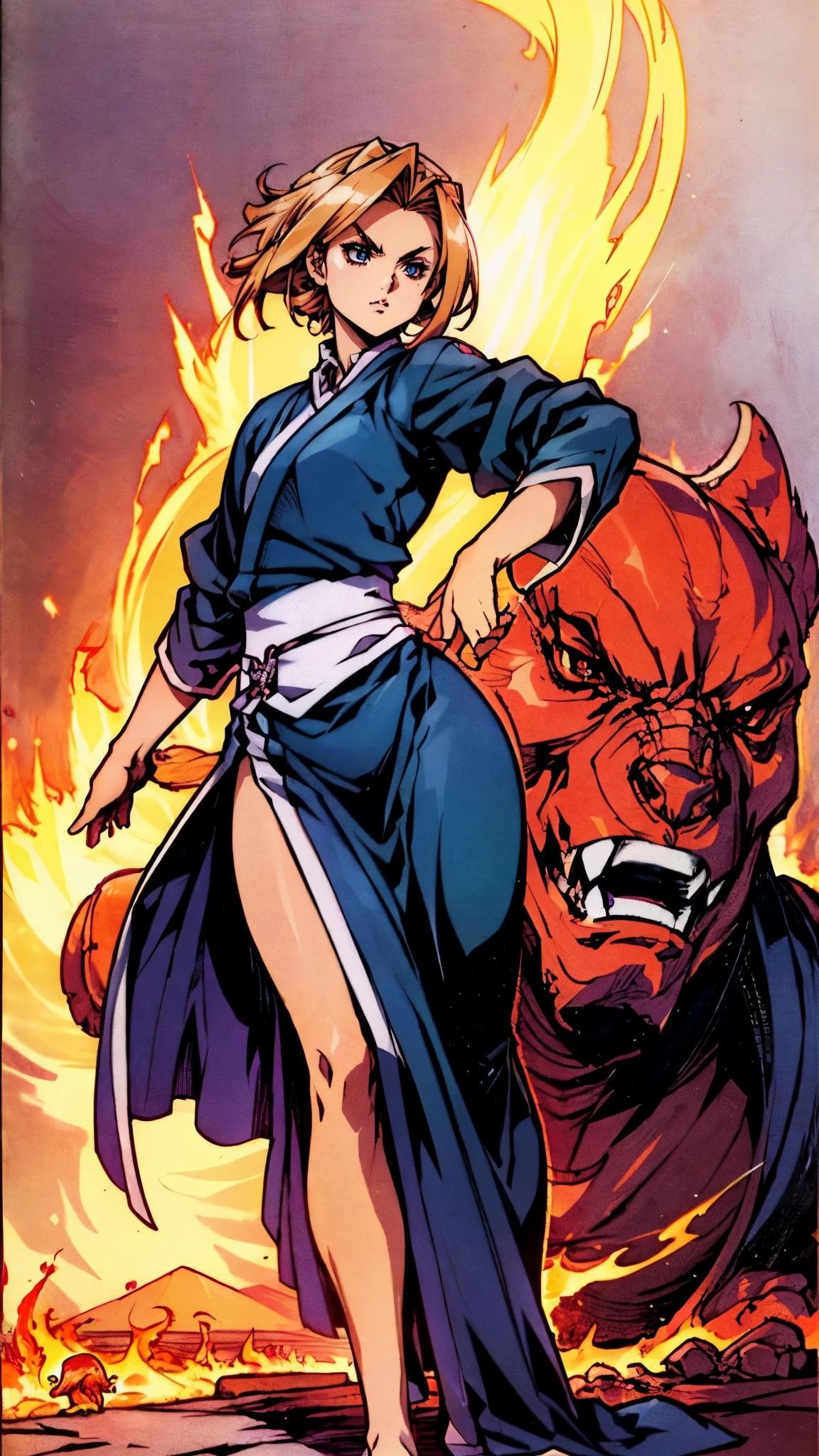((A woman with tousled vibrant red short hair, side-swept bangs, sharply arched eyebrows, sharp upward-arched thick eyebrows, sharp gaze, slender elongated face, a slim figure, a fantasy martial arts-style loose solid-color Daoist robe, wide billowing sleeves, a voluminous long skirt, orange as the main color, complemented by blue accents, a small bird formed of flames flies beside her, the scene is set in a fantasy-style Chinese lakeside courtyard)), this character embodies a finely crafted a fantasy martial arts practitioner in anime style, exquisite and mature manga art style, feminine, high definition, best quality, highres, ultra-detailed, ultra-fine painting, extremely delicate, professional, perfect body proportions, golden ratio, anatomically correct, symmetrical face, extremely detailed eyes and face, high quality eyes, creativity, RAW photo, UHD, 32k, Natural light, cinematic lighting, masterpiece-anatomy-perfect, masterpiece:1.5