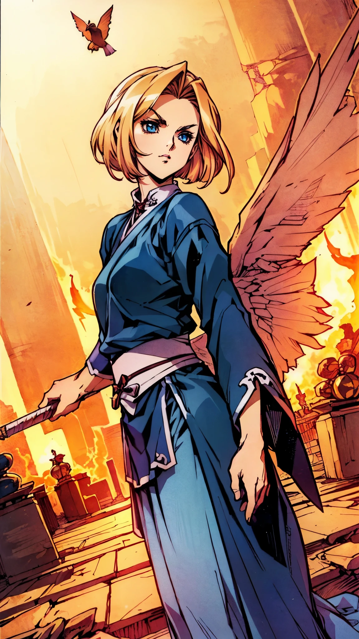 ((A woman with tousled vibrant red short hair, side-swept bangs, sharply arched eyebrows, sharp upward-arched thick eyebrows, sharp gaze, slender elongated face, a slim figure, a fantasy martial arts-style loose solid-color Daoist robe, wide billowing sleeves, a voluminous long skirt, orange as the main color, complemented by blue accents, a small bird formed of flames flies beside her, the scene is set in a fantasy-style Chinese lakeside courtyard)), this character embodies a finely crafted a fantasy martial arts practitioner in anime style, exquisite and mature manga art style, feminine, high definition, best quality, highres, ultra-detailed, ultra-fine painting, extremely delicate, professional, perfect body proportions, golden ratio, anatomically correct, symmetrical face, extremely detailed eyes and face, high quality eyes, creativity, RAW photo, UHD, 32k, Natural light, cinematic lighting, masterpiece-anatomy-perfect, masterpiece:1.5