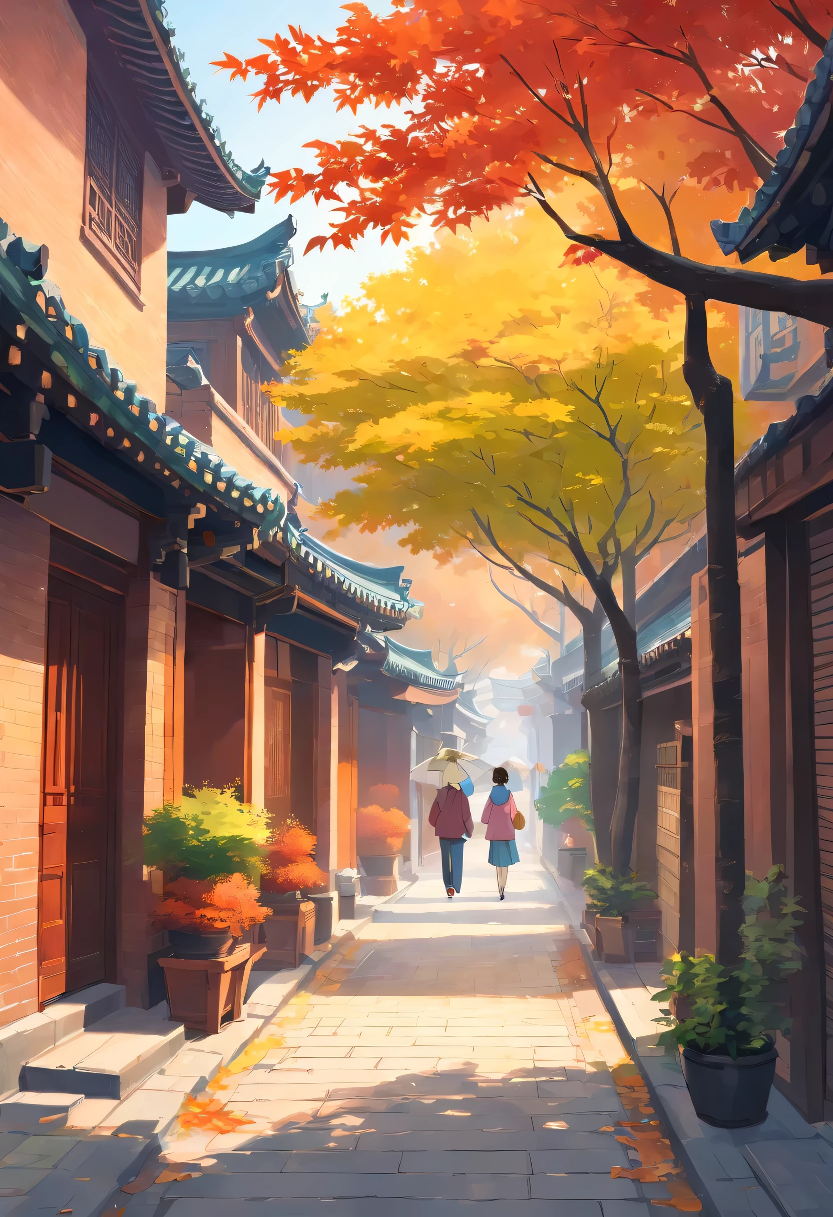 Drawing the old alleys of Beijing, Traditional houses 和 small alleys. Banyan trees are planted on both sides of the street, alternating red 和 green leaves,. The banyan tree is green of, of, And orange leaves, Add a vibrant touch to your l和scape. Beijingers walking on the street、Passing by vintage bicycles. Showing the beauty of autumn in Beijing’s old alleys、Create a warm 和 peaceful autumn scene.