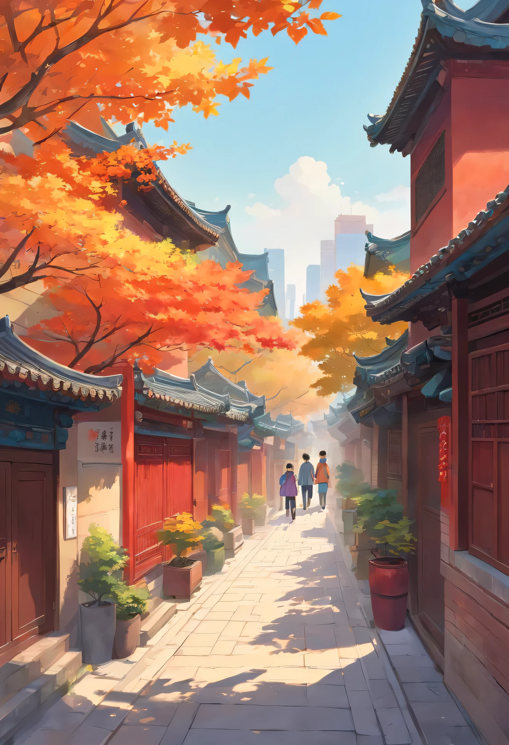 Drawing the old alleys of Beijing, Traditional houses 和 small alleys. Banyan trees are planted on both sides of the street, alternating red 和 green leaves,. The banyan tree is green of, of, And orange leaves, Add a vibrant touch to your l和scape. Beijingers walking on the street、Passing by vintage bicycles. Showing the beauty of autumn in Beijing’s old alleys、Create a warm 和 peaceful autumn scene.