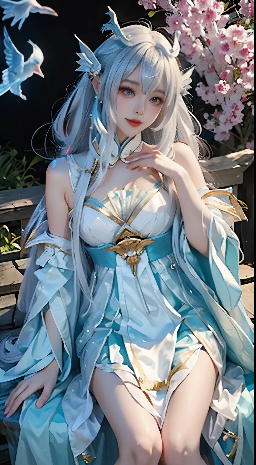 Beautiful celestial mage,Amazing young ethereal characters,shaxi,A flowing magic robe,White Hanfu,xianxia fantasy,Beauty Delfin,Ethereal fantasy,Elegant and charming cosplay,one-girl,((sitted)),Bend your legs,((Top-down view)),Feminine and colorful,It's tumultuous,Hands relax naturally,nighttime scene,Lots of neon
