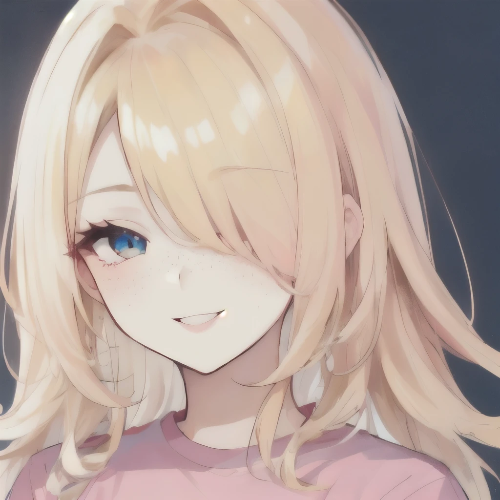 Girl, (hair over one eye), (big hair), blonde, face close-up, light pink shirt, smiling, happy, freckles