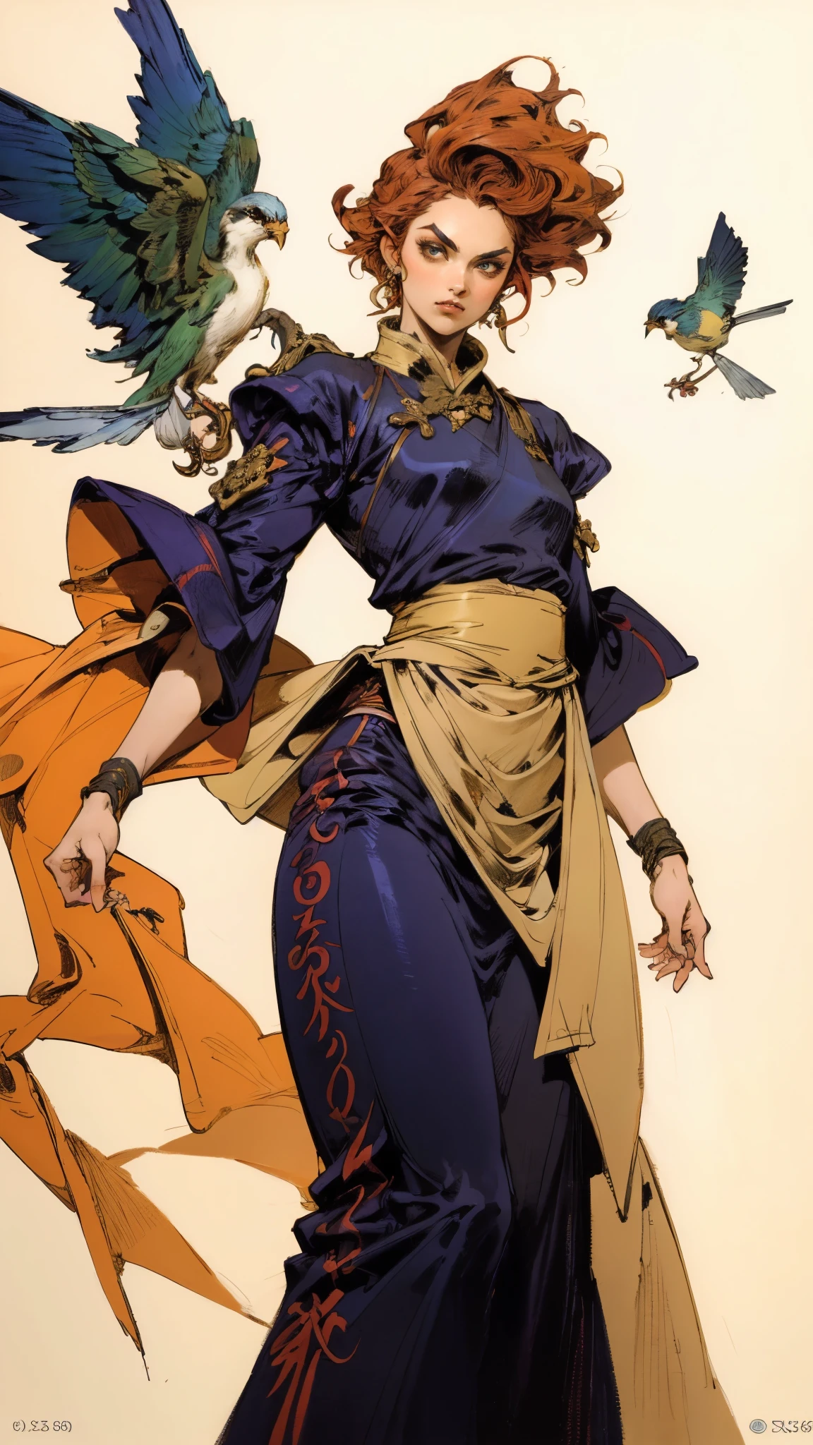 ((A woman with tousled vibrant red short hair, side-swept bangs, sharply arched eyebrows, sharp upward-arched thick eyebrows, sharp gaze, slender elongated face, a slim figure, a fantasy martial arts-style loose solid-color Daoist robe, wide billowing sleeves, a voluminous long skirt, orange as the main color, complemented by blue accents, a small bird formed of flames flies beside her, the scene is set in a fantasy-style Chinese lakeside courtyard)), this character embodies a finely crafted a fantasy martial arts practitioner in anime style, exquisite and mature manga art style, feminine, high definition, best quality, highres, ultra-detailed, ultra-fine painting, extremely delicate, professional, perfect body proportions, golden ratio, anatomically correct, symmetrical face, extremely detailed eyes and face, high quality eyes, creativity, RAW photo, UHD, 32k, Natural light, cinematic lighting, masterpiece-anatomy-perfect, masterpiece:1.5