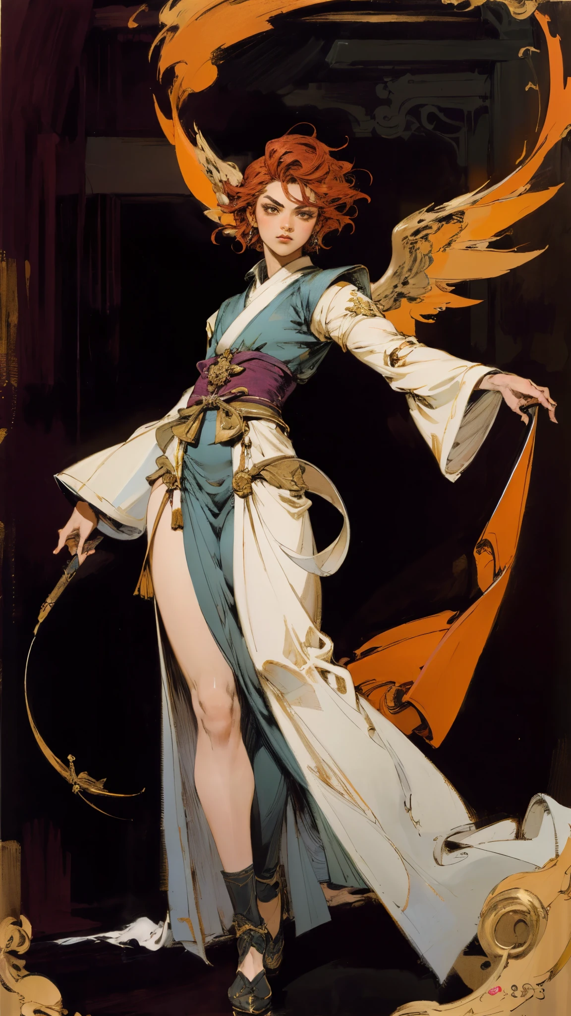 ((A woman with tousled vibrant red short hair, side-swept bangs, sharply arched eyebrows, sharp upward-arched thick eyebrows, sharp gaze, slender elongated face, a slim figure, a fantasy martial arts-style loose solid-color Daoist robe, wide billowing sleeves, a voluminous long skirt, orange as the main color, complemented by blue accents, a small bird formed of flames flies beside her, the scene is set in a fantasy-style Chinese lakeside courtyard)), this character embodies a finely crafted a fantasy martial arts practitioner in anime style, exquisite and mature manga art style, feminine, high definition, best quality, highres, ultra-detailed, ultra-fine painting, extremely delicate, professional, perfect body proportions, golden ratio, anatomically correct, symmetrical face, extremely detailed eyes and face, high quality eyes, creativity, RAW photo, UHD, 32k, Natural light, cinematic lighting, masterpiece-anatomy-perfect, masterpiece:1.5