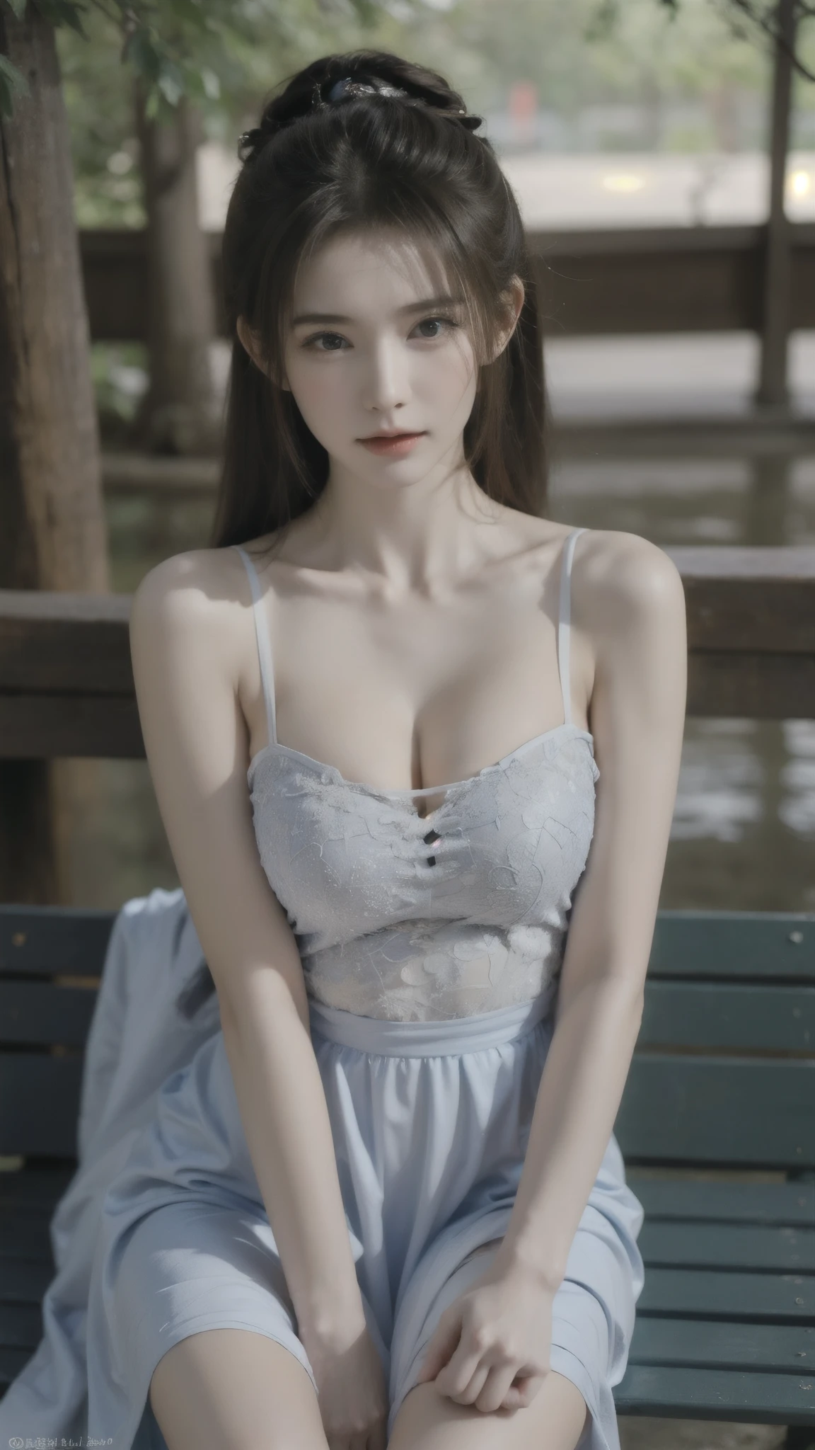 (1girl:1.3), sexy pose, slim body, (photorealistic:1.4), (masterpiece, top quality, best quality, official art), extreme detailed, highest detailed, (ultra-detailed), ((an extremely delicate and beautiful)), cinematic light, (realisticlying:1.3), (highdetailskin:1.2), high resolution, 8K UHD, 4K, 8K, Bokeh, digital SLR camera, absurderes, Optimal proportions of four fingers and one thumb, in the park with trees,sitting on bench, ((silky long hair)), (brown hair), tears, beautiful face, perfect face, highly detailed beautiful face, Cute, shy,blush, dynamic angle, from above,looking at viewer, wearing Tulle Overlay Camisole dress