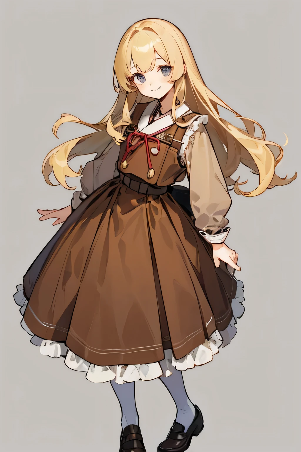((highest quality)), ((masterpiece)), (be familiar with), perfect face , smile with your mouth closed, Detective , blonde , long hair , half twin,looking at the viewer, cowboy shot, Are standing, 1 girl, upright , Detective-like clothing , brown clothes ,frills , No pose , (simple background) , take no pose