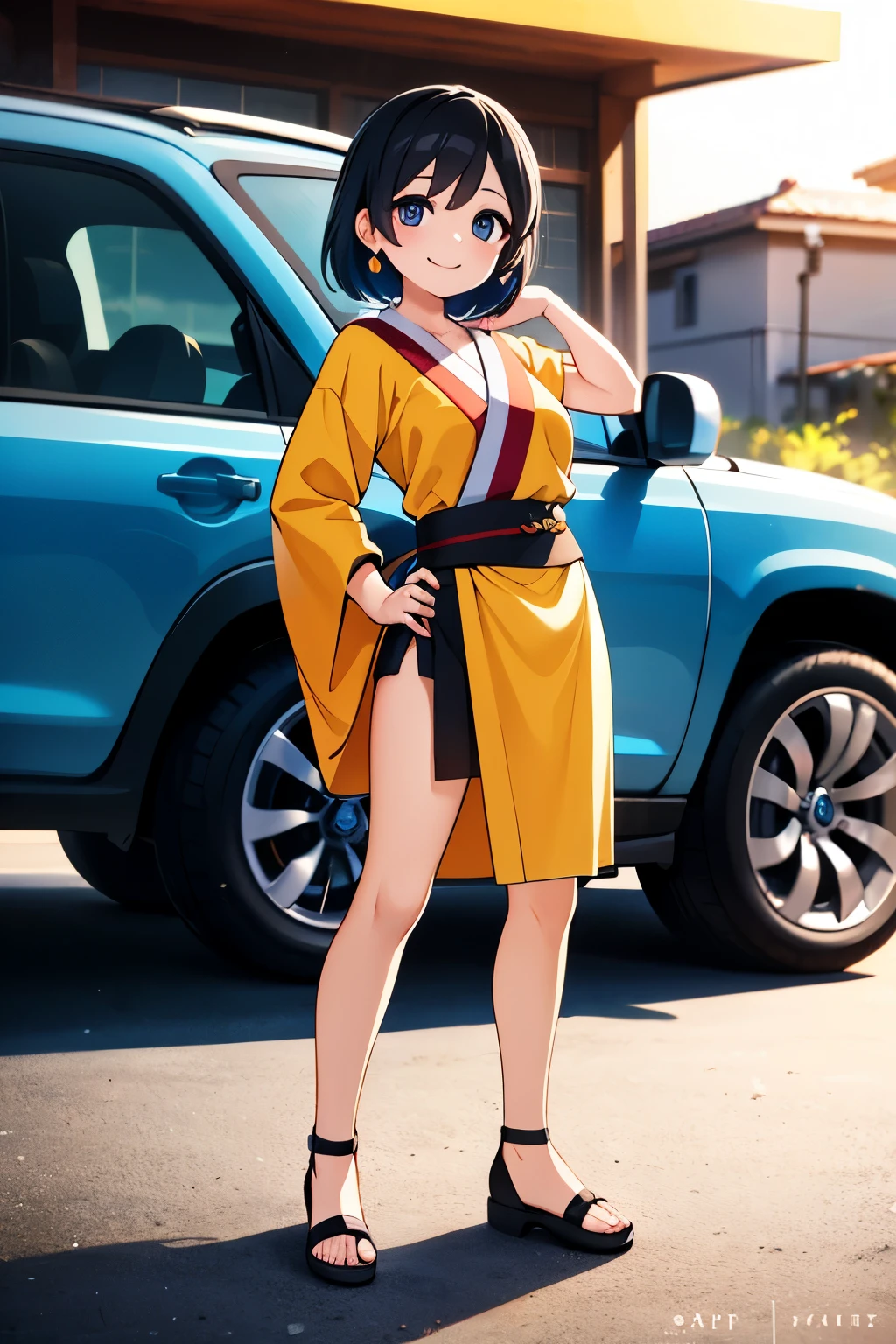 Octane Render、(Hyper-detailing: 1.15)、(Soft light、sharp: 1.2)、morning、 posing in front of colorful EV in parking lot near beach, Traditional costumes、Distinctive ethnic hair ornaments、Characteristic ethnic shoes、 Fuji Film, F/4.0, masutepiece, Anatomically correct、A smile, radiant light