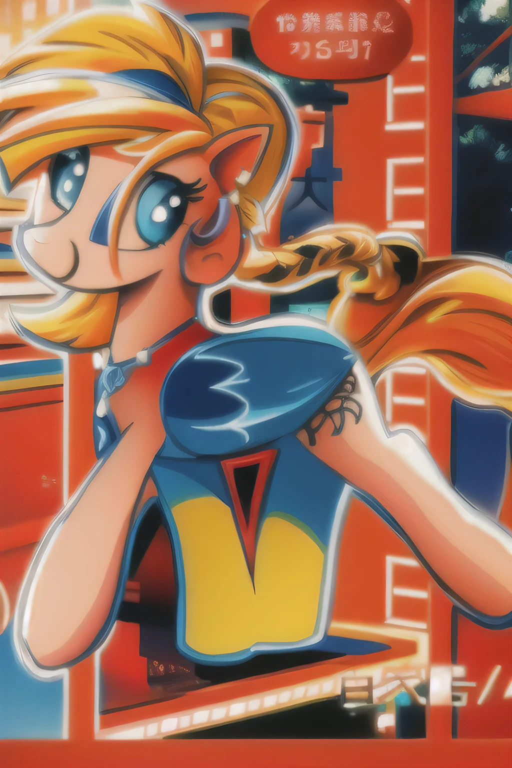Cartoon picture of a pony, Her hair is tied into a ponytail, She has two ponytails, mare personification, MLP, equestria, horse standing on hind legs, braid, my little pony, cute logo, she has blond hair