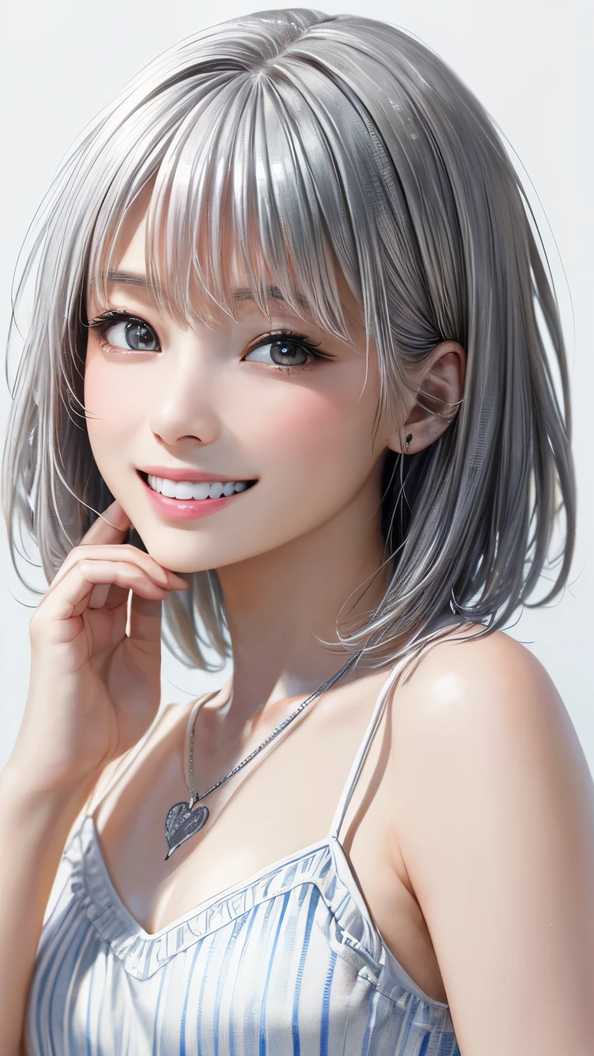 (highest quality、8K、32k、masterpiece)、(realistic)、(Photoreal:1.2)、(High resolution)、Super detailed、very beautiful face and eyes、1 girl、round and small face、thin waist、delicate body、(highest quality、high detail、Rich skin details)、(highest quality、8K、oil paint:1.2)、Super detailed、(realistic、realistic:1.37)、bright colors、(((silver hair)))、(((medium hair)))、(((full body shot)))、(((pure white wall background)))、(((pure white wall background)))、(((I&#39;m smiling)))、(((stripes々wearing a patterned camisole)))、(((He looks like he&#39;s having fun)))、(((Teeth are visible)))、(((wearing a heart necklace)))、(((touching my cheek)))、(((put your hand on your cheek)))、