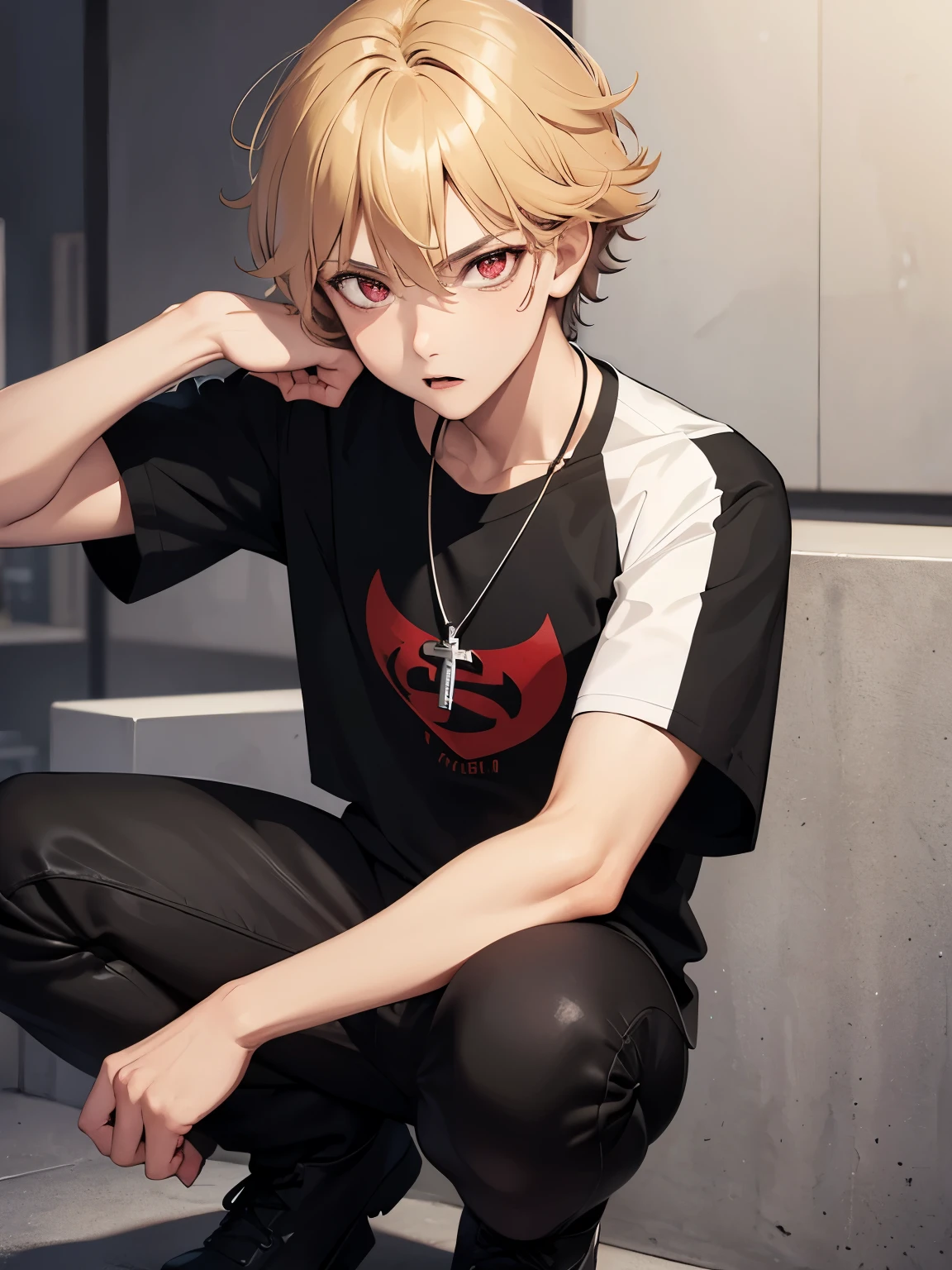 1boy,handsome,,squat,,half body photo,shocked expression,Perfect face, HD face, ultra detailed face, short hair, blonde hair, messy hair, bright red eyes, vampire, black t-shirt,black t-shirt, black trousers, cross necklace,ultra detailed, ultra HD