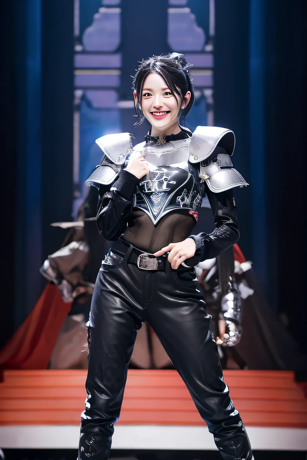 highest quality、４Ｋ、The background is a castle、slender body shape、female knight、black hair、smile、beautiful teeth、hairstyle shortcut、ear piercing、full body photo、Luxurious Silver Armor、