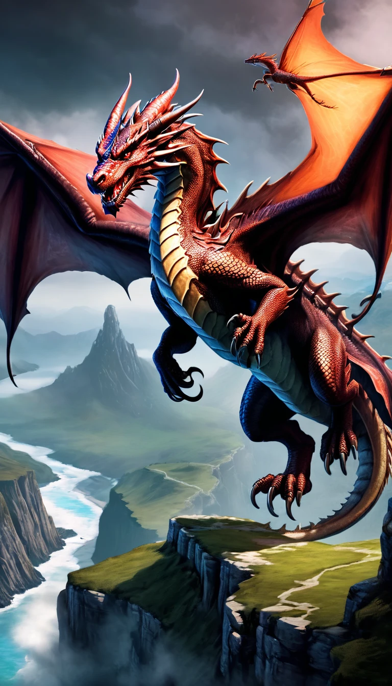 (Create an epic image from the popular game Dungeons and Dragons.: 1.5), (flying dragon facing the camera, frente a 1 guerrero, epic battle, Hiper detallado cliffs and ultra image resolution: 1.6), fuego, obra maestra, Hiper detallado, mystic, magical, por la noche, tiro largo, cinematic lighting, Calidad de imagen ultra, High Definition, 32k
