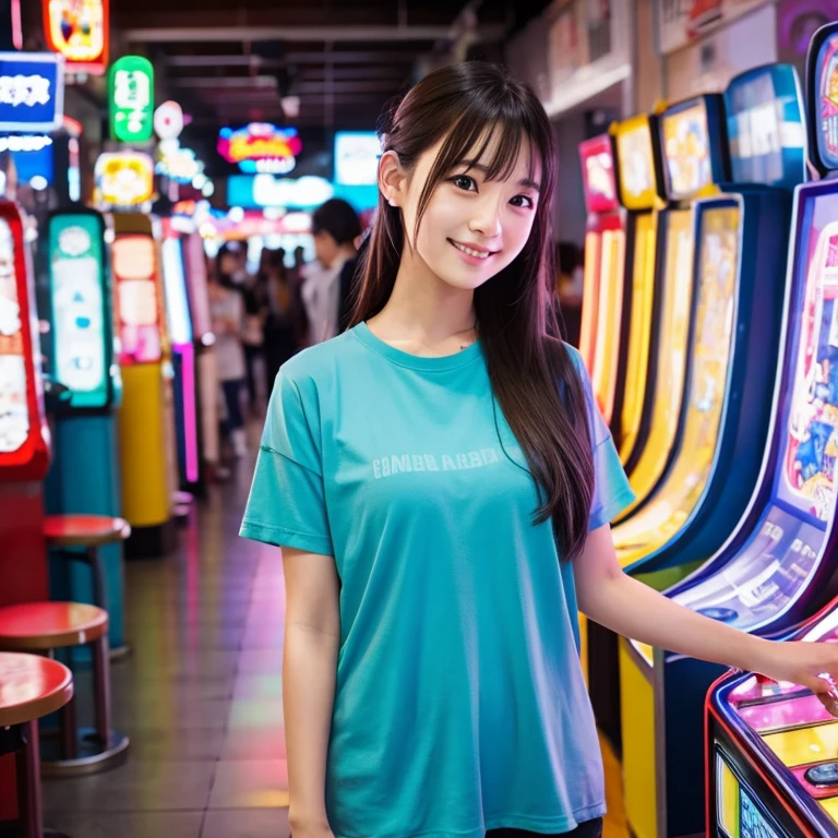 A Japanese girl in pastel casual clothes in an arcade, smiling. Lots of machines.
