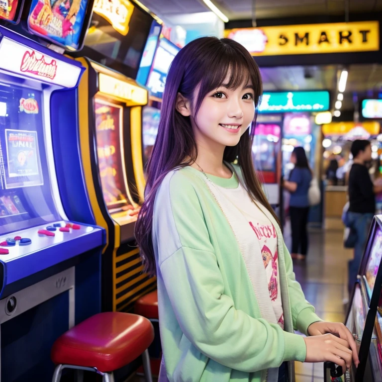 A Japanese girl in pastel casual clothes in an arcade, smiling. Lots of machines.
