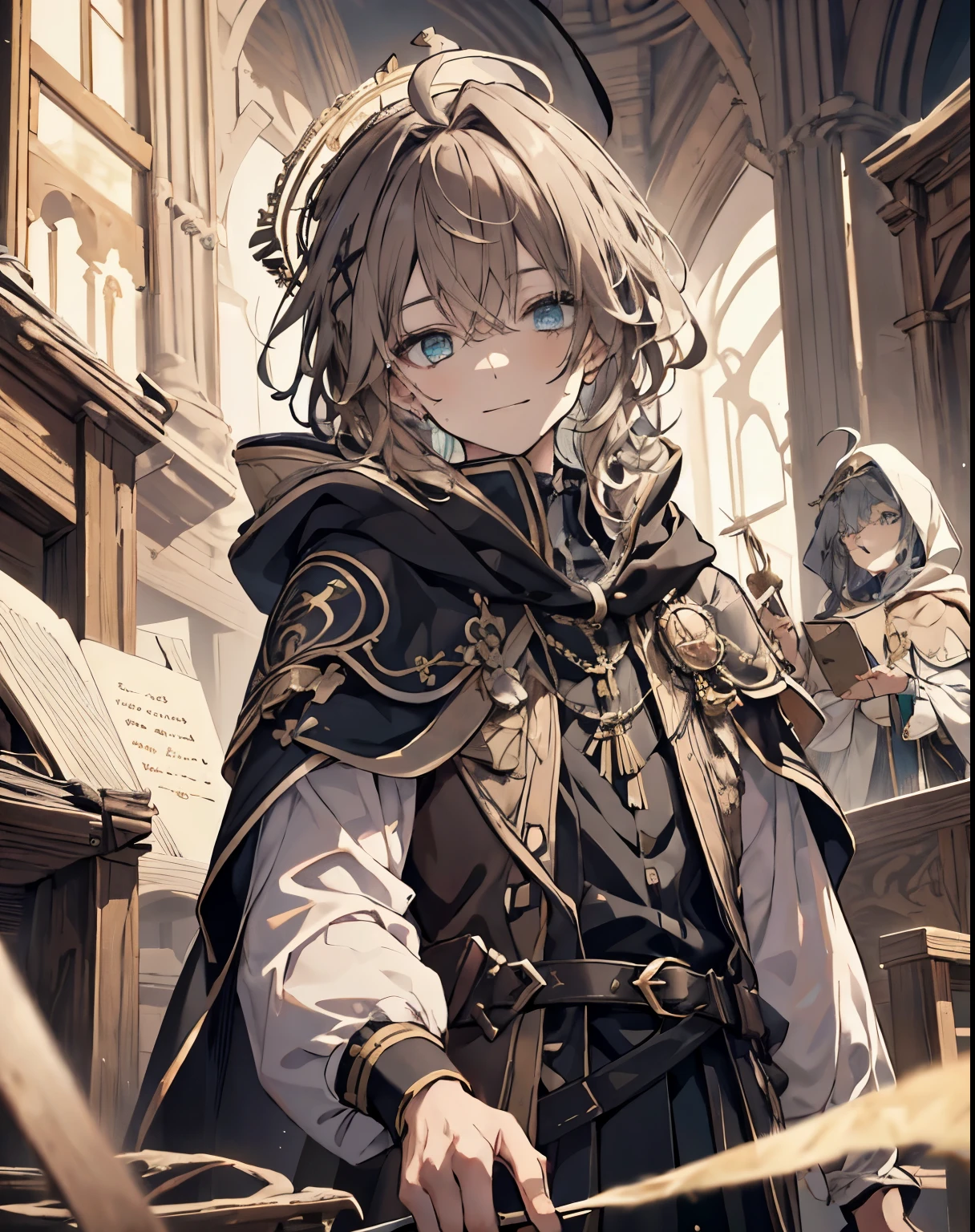 masterpiece, 1men, sparrow, a brown haired men, wearing a white medieval priest clothes, curly medium hair, messy hair, slim body, wearing golden capelet with hoody, he close her left eye, shirt ornament, aqua eyes, ahoge, black vest, baby face, mitre cap, long sleeves, beautiful eyes, droopy eyes, his age is 19 years old, (mitre:0.6), black mitre, teenagers, shading face, evil smile