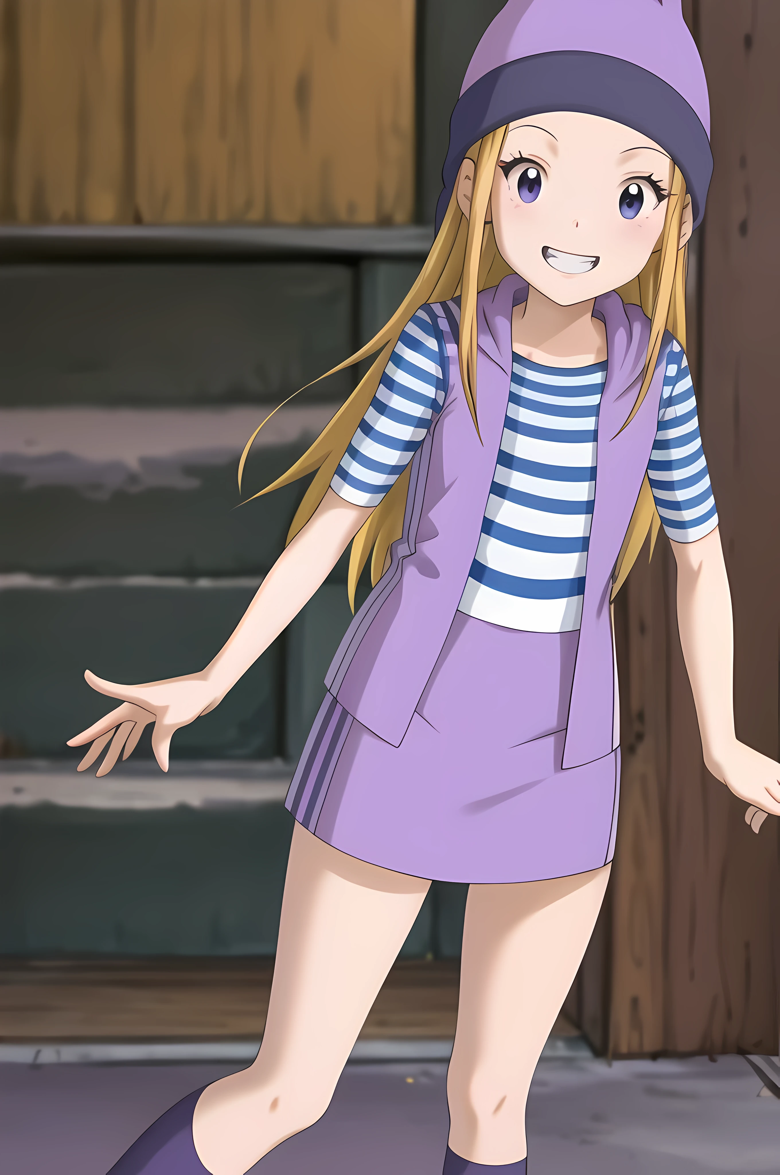 masterpiece, best quality, highres, zoe orimoto, blond hair, long hair, medium breasts, purple beanie, purple vest, purple miniskirt, blue white striped shirt, long purple socks, sneakers, standing, looking at viewer, city road, outdoor, modern city road, blush, shy, smile, show teeth, sexy pose