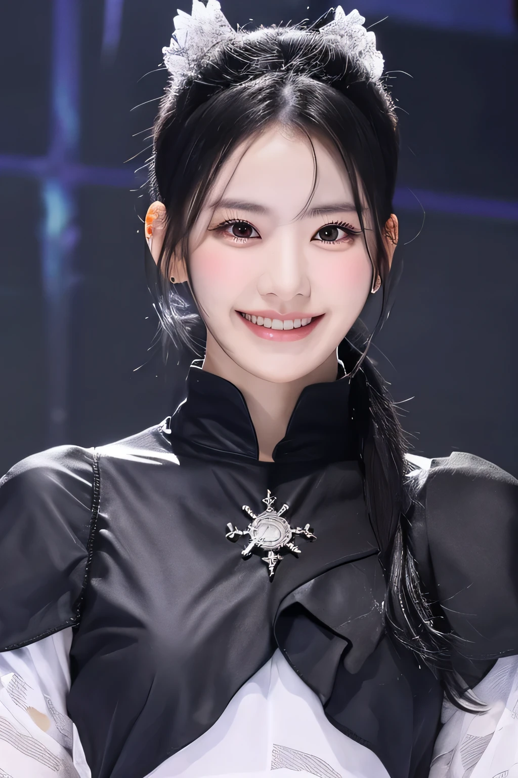 (RAW photo, best quality, masterpiece, ultra-detailed, high res), (realistic),(extremely delicate and beautiful:1), mesmerizing woman with long hair in sleek high ponytail , (((wearing glossy silver and gold lined cloak fastened at the neck :1.20))), crop top and hotpants , detailed features, smiling expression of feelings, imaginative, highly detailed, extremely high-resolution details, photographic, realism pushed to extreme, fine texture, 4k, ultra-detailed, high quality, high contrast, full body shot
