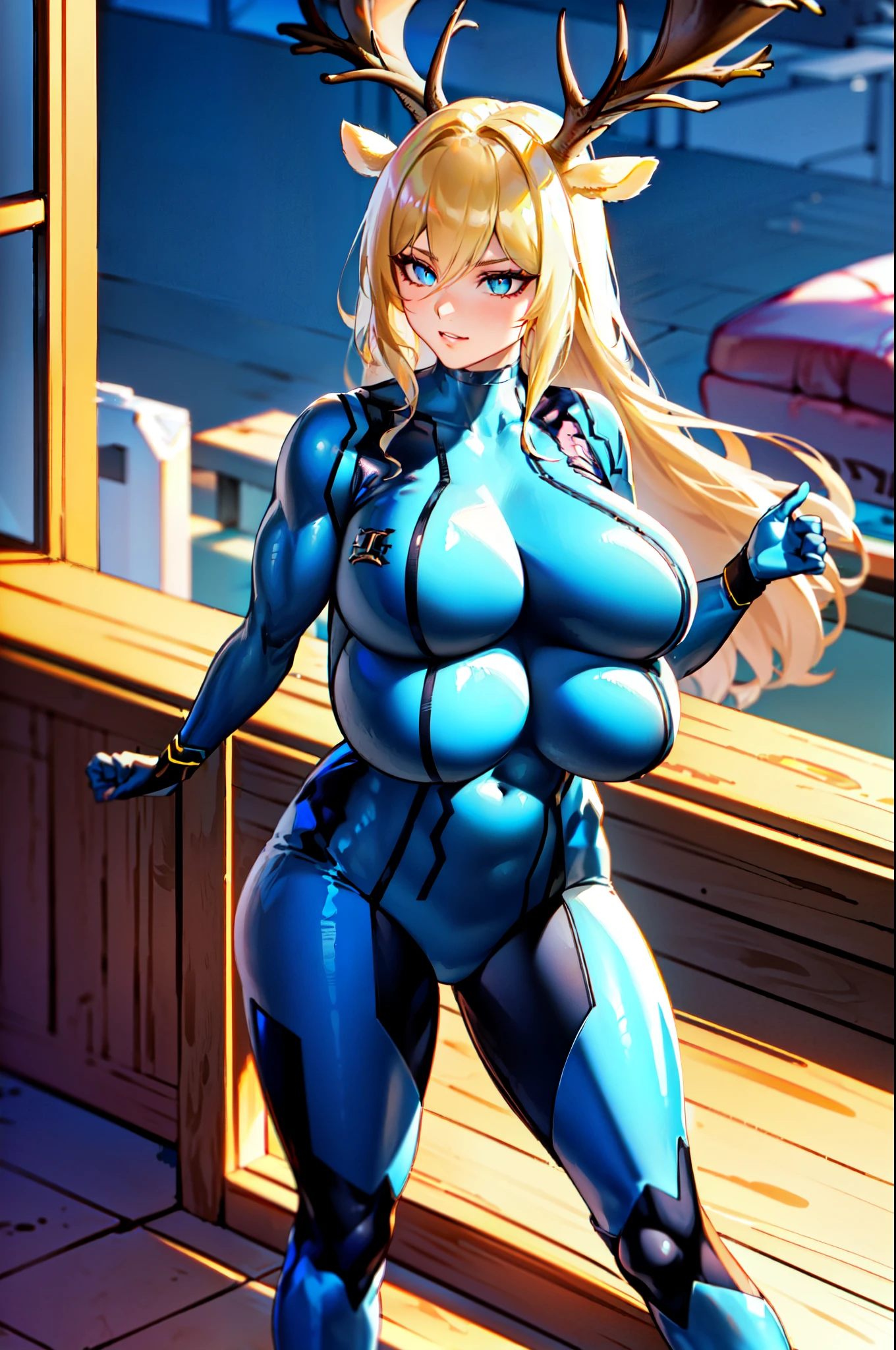 masterpiece, best quality, extremely detailed, 1girl, milf, solo, (muscular:1.3), {viviana_arknights:0.90}, (huge breasts:1.8), ((((blonde hair), long hair, blue eyes, slit pupils, deer antlers, deer ears))), parted lips, (((zero suit, blue gloves))), ((naughty smile), closed mouth), ((hands on own hips, futuristic cityscape))