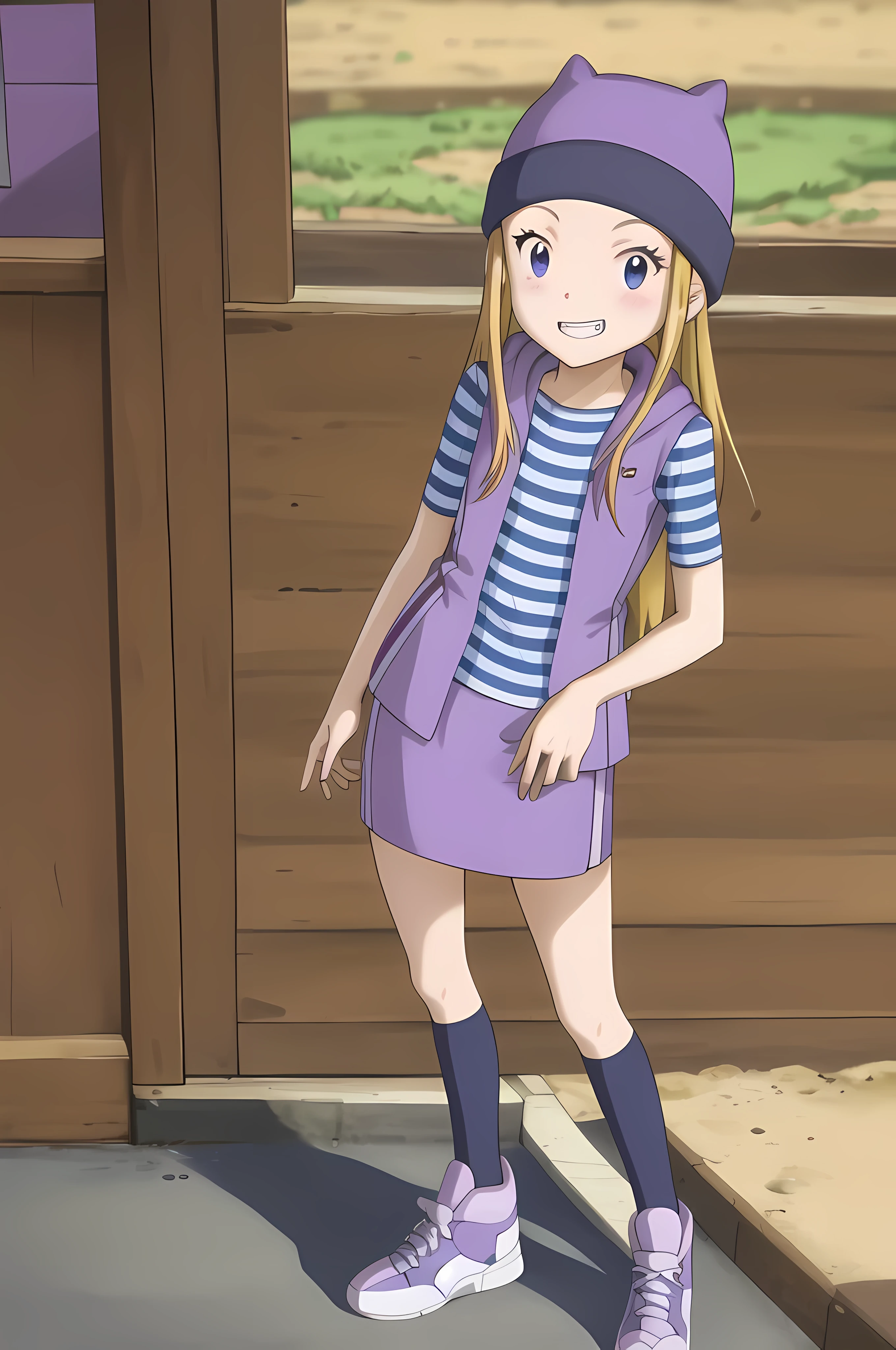 masterpiece, best quality, highres, zoe orimoto, blond hair, long hair, medium breasts, purple beanie, purple vest, purple miniskirt, blue white striped shirt, long purple socks, sneakers, standing, looking at viewer, city road, outdoor, modern city road, blush, shy, smile, show teeth, sexy pose