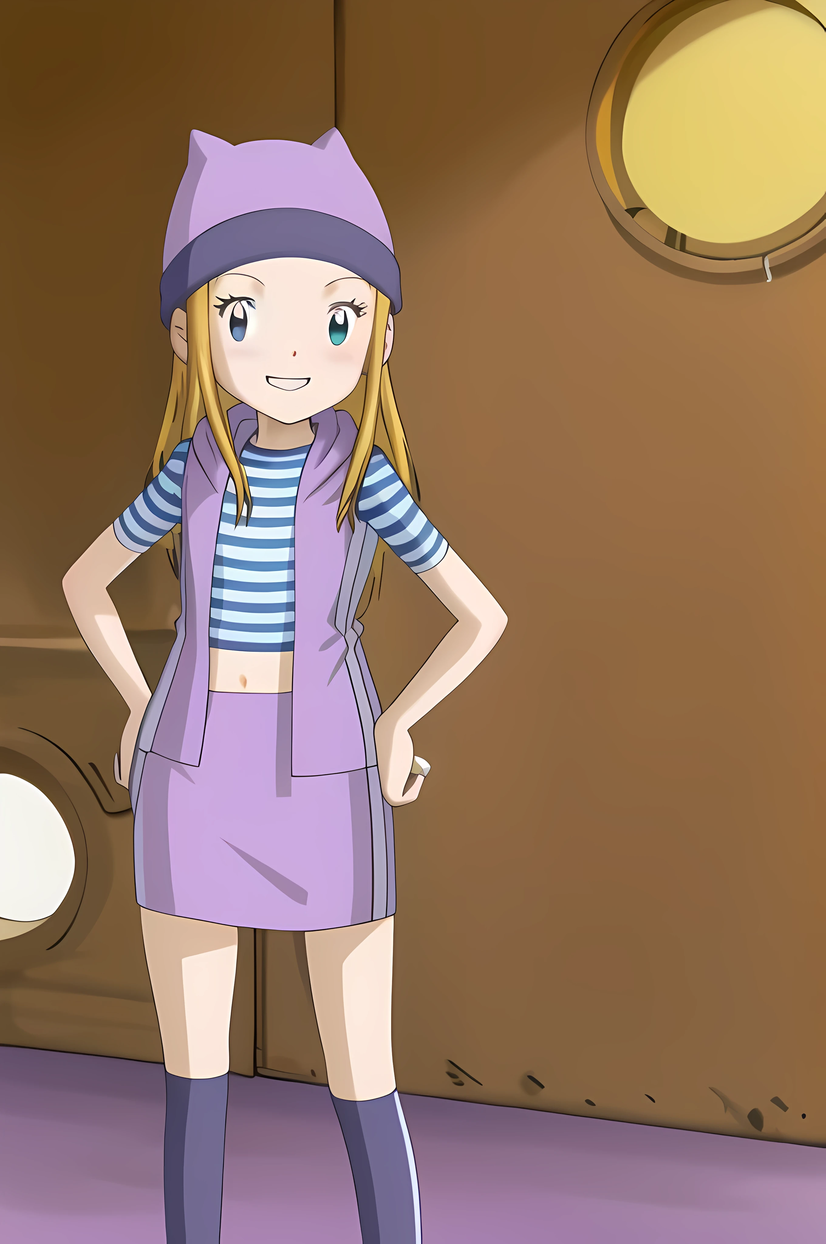 masterpiece, best quality, highres, zoe orimoto, blond hair, long hair, medium breasts, purple beanie, purple vest, purple miniskirt, blue white striped shirt, long purple socks, sneakers, standing, looking at viewer, city road, outdoor, modern city road, blush, shy, smile, show teeth, sexy pose