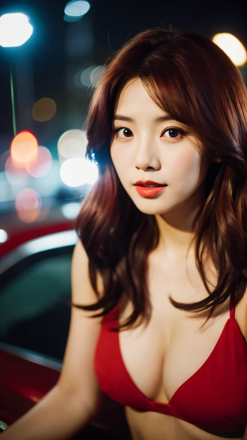 close-up of beautiful korean female, 34 inch breasts size, red tied hair, wearing red crop top, sitting against the old van, night, bokeh background, Polaroid photo, UHD