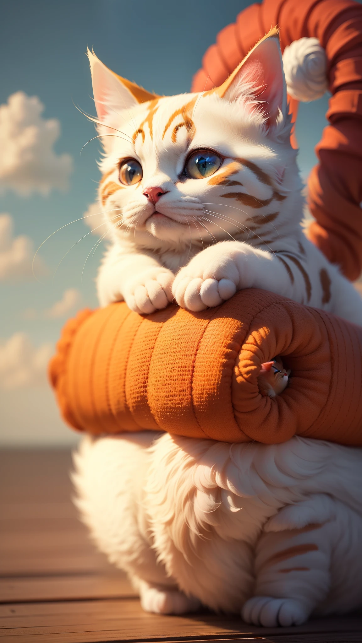 bun cat, chubby cat, cloud, bright, red color, highly detailed, masterpiece, high quality, cute creature