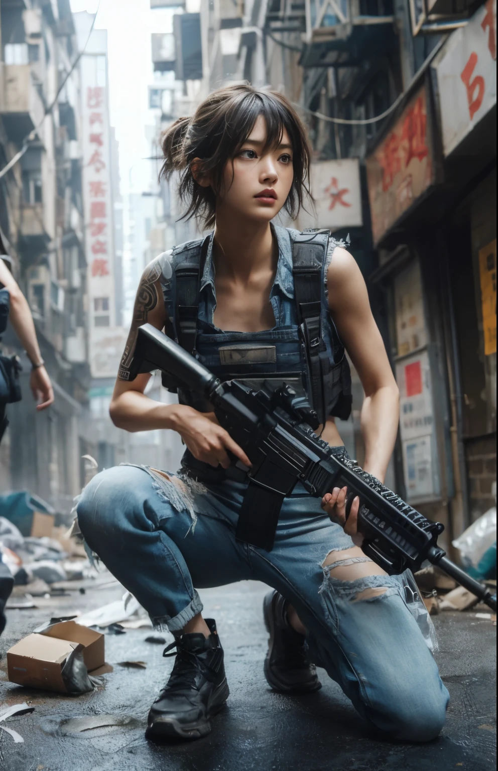  ８K,realistic photo、realistic skin texture、Beautiful Japanese women living in America、back alley in the city、garbage scattered on the street、Garbage can、stray cat、dirty shirt and jeans、nike air force 1 sneakers、bulletproof vest、automatic rifle、short cut hair、urban warfare、involved in an incident、Counterattack begins、It is dirty、moving action pose、、Dramatic and bold composition、Half body、muscle、Zoom out、fiction、Bird&#39;s-eye view
