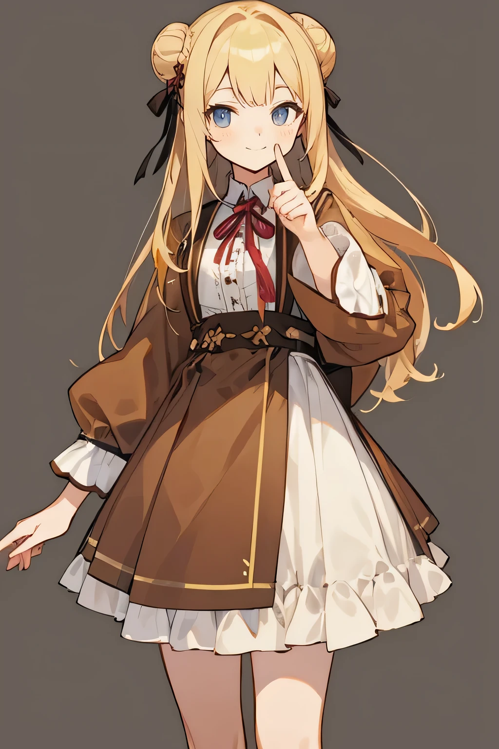 ((highest quality)), ((masterpiece)), (be familiar with), perfect face , smile with your mouth closed, Detective , blonde , long hair , bun hair ,looking at the viewer, cowboy shot, Are standing, 1 girl, upright , Detective-like clothing , brown clothes ,frills , No pose , (simple background) , take no pose