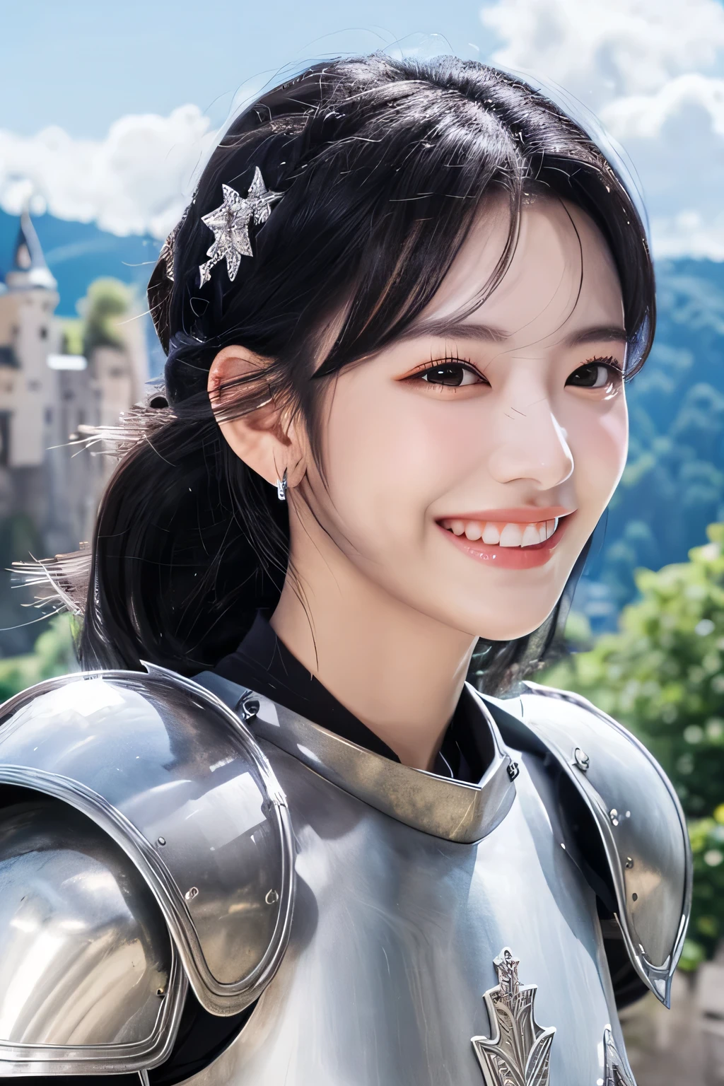highest quality、４Ｋ、The background is a castle、slender body shape、female knight、black hair、smile、beautiful teeth、hairstyle shortcut、ear piercing、full body photo、Luxurious Silver Armor、