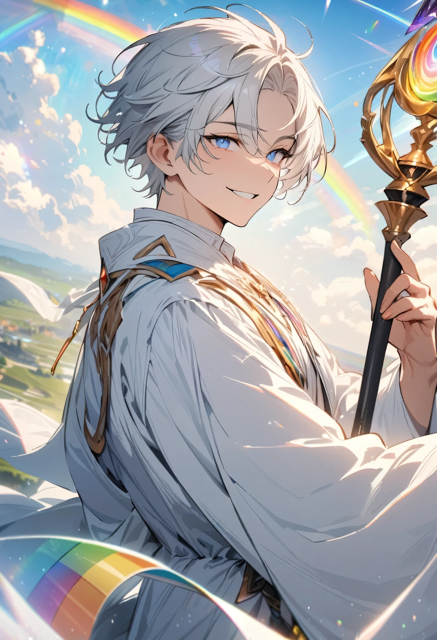 Masterpiece, highres, best quality, official, details, solo, handsome, male, short hair, white hair, smile facial, light blue eyes, rainbow, white shirt, white robe, mage, sky, fantasy staff