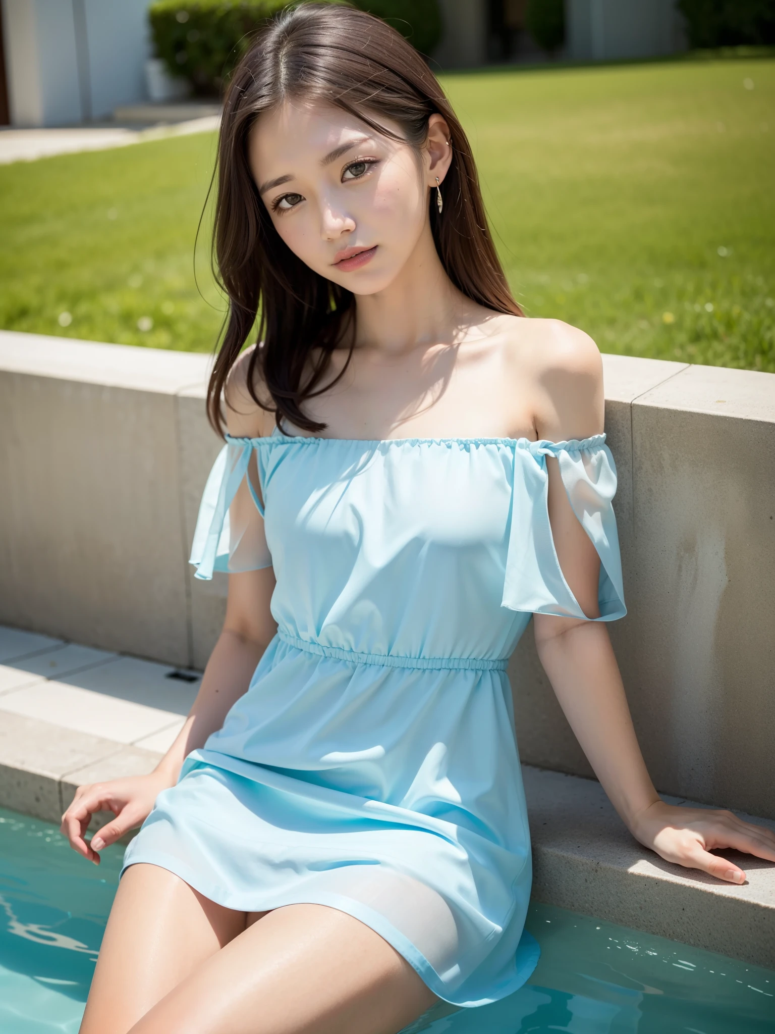 ((Best of the highest quality, 8k, Masterpiece: 1.3, raw photo)), Sharp focus: 1.2, (1 AESPA girl: 1.1), (Solo: 1.18), (realistic, photo-realistic:1.37), face focus, cute face, finely eyes, (Small breasts, flat chest, Thigh: 1.3), (Off-the-shoulder chiffon dress: 1.2), (Sheer fabric:1.3), sleeping pose, poolside, flower, dahlia