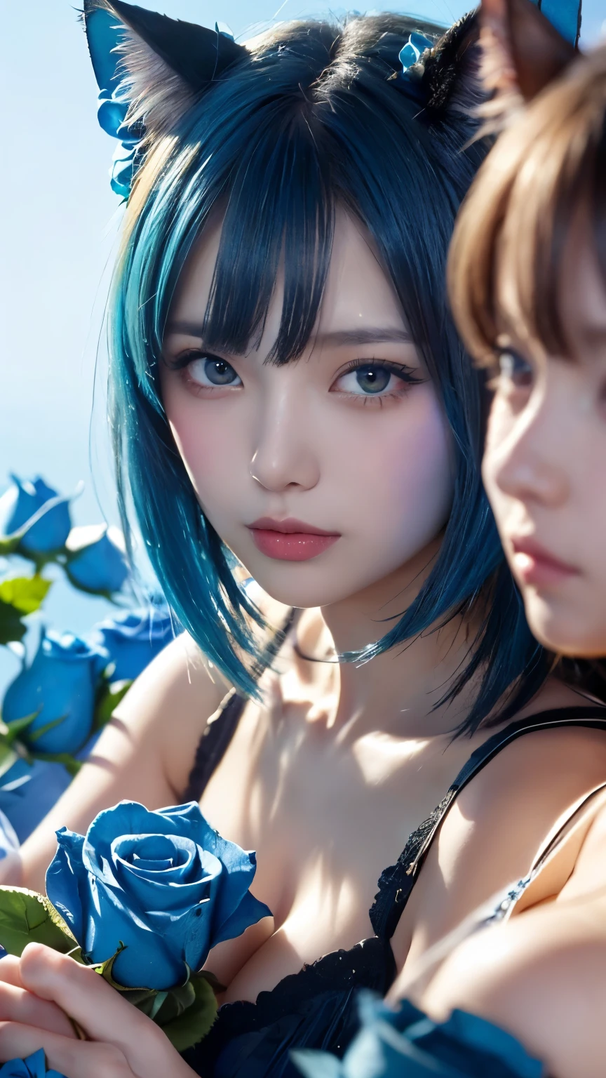 masterpiece, 4k, Bokeh, beautiful face, (multiple girls:1.4), Harem, (group photo:1.2), (Cat ear:1.3), (blue medium bob hair:1.4), (blue theme:1.6), looking at the viewer, (Blue roses:1.4), (blue cafe background:1.5), (closeup:1.4)